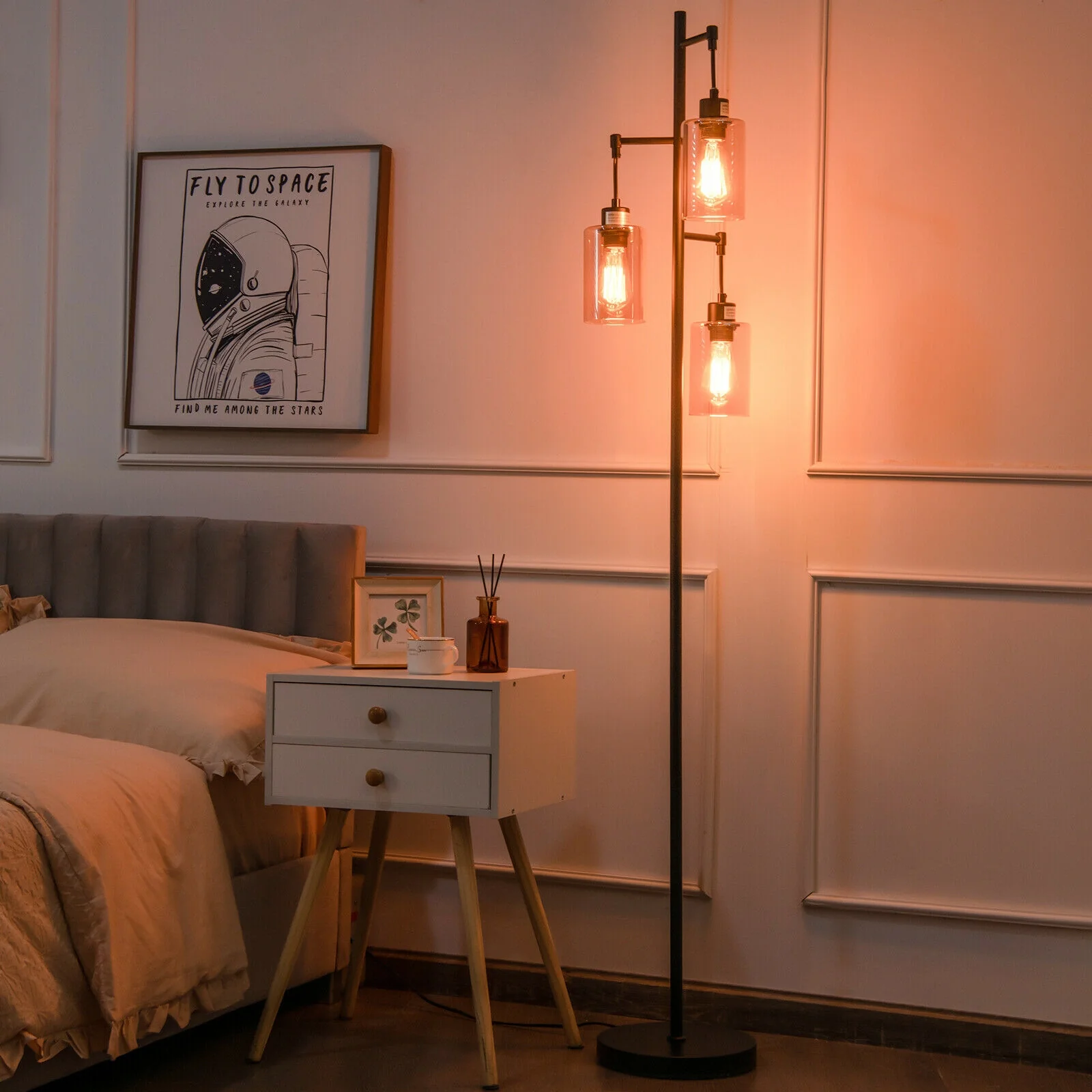 Retro Floor Lamp, 3-Head Hanging Glass Shade, Black, Amber - Image 3