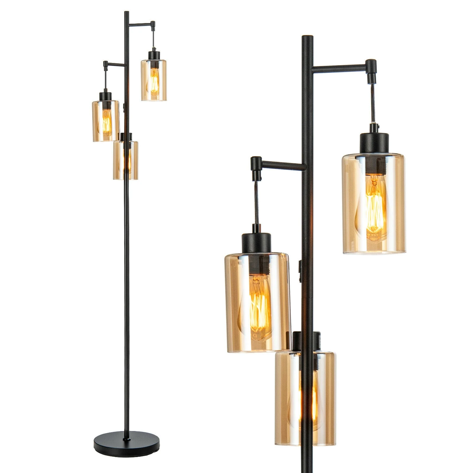 Retro Floor Lamp, 3-Head Hanging Glass Shade, Black, Amber - Image 4