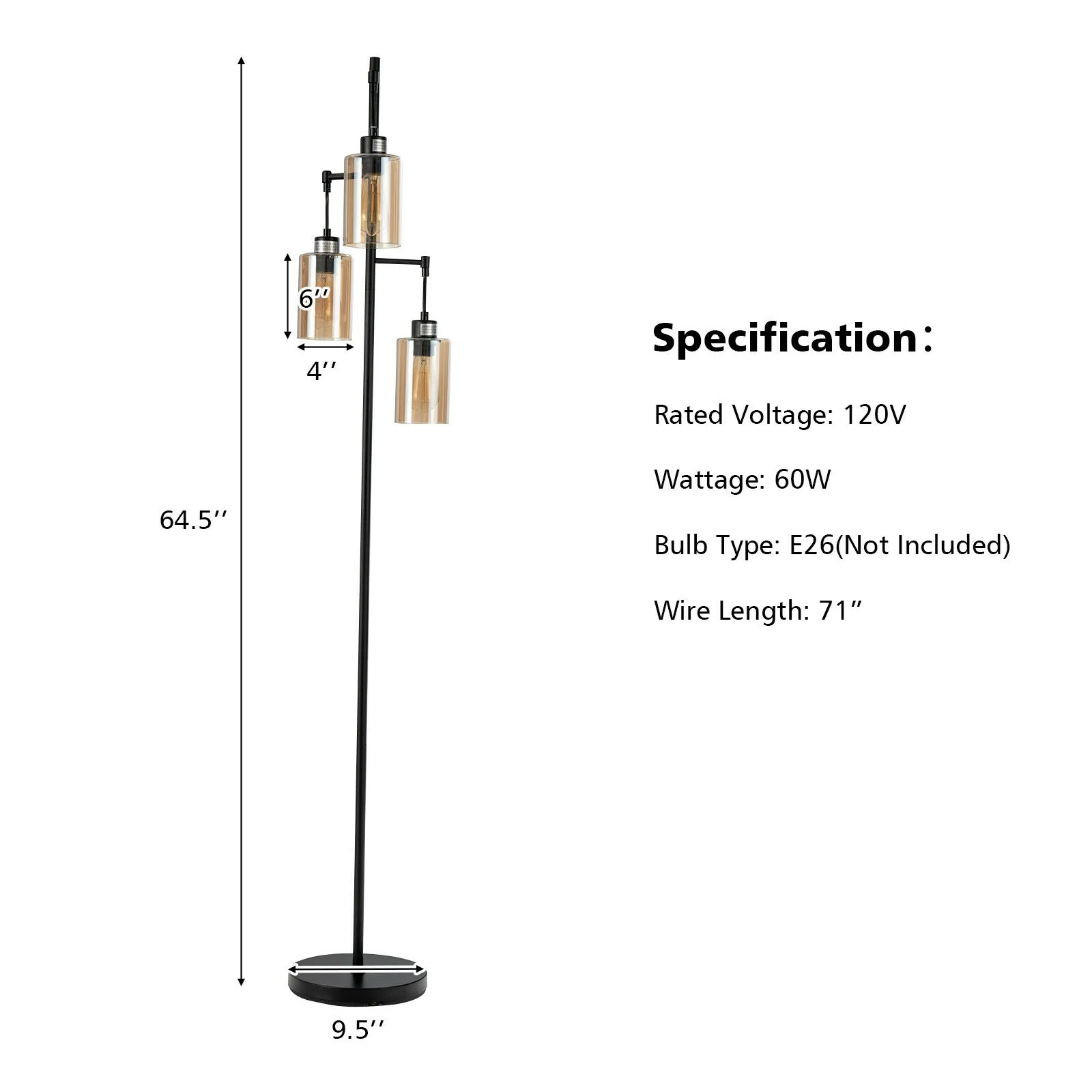 Retro Floor Lamp, 3-Head Hanging Glass Shade, Black, Amber - Image 5