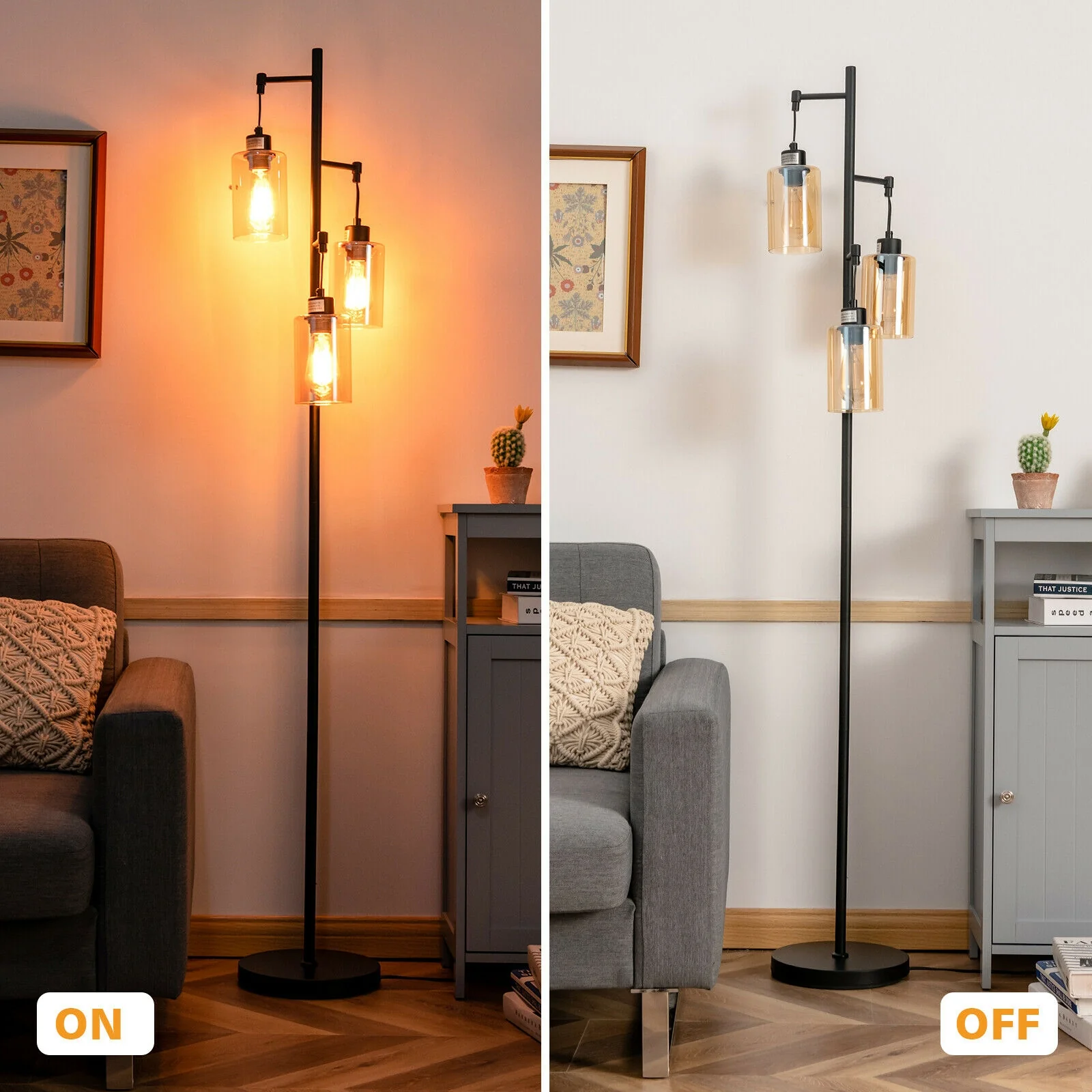 Retro Floor Lamp, 3-Head Hanging Glass Shade, Black, Amber - Image 6