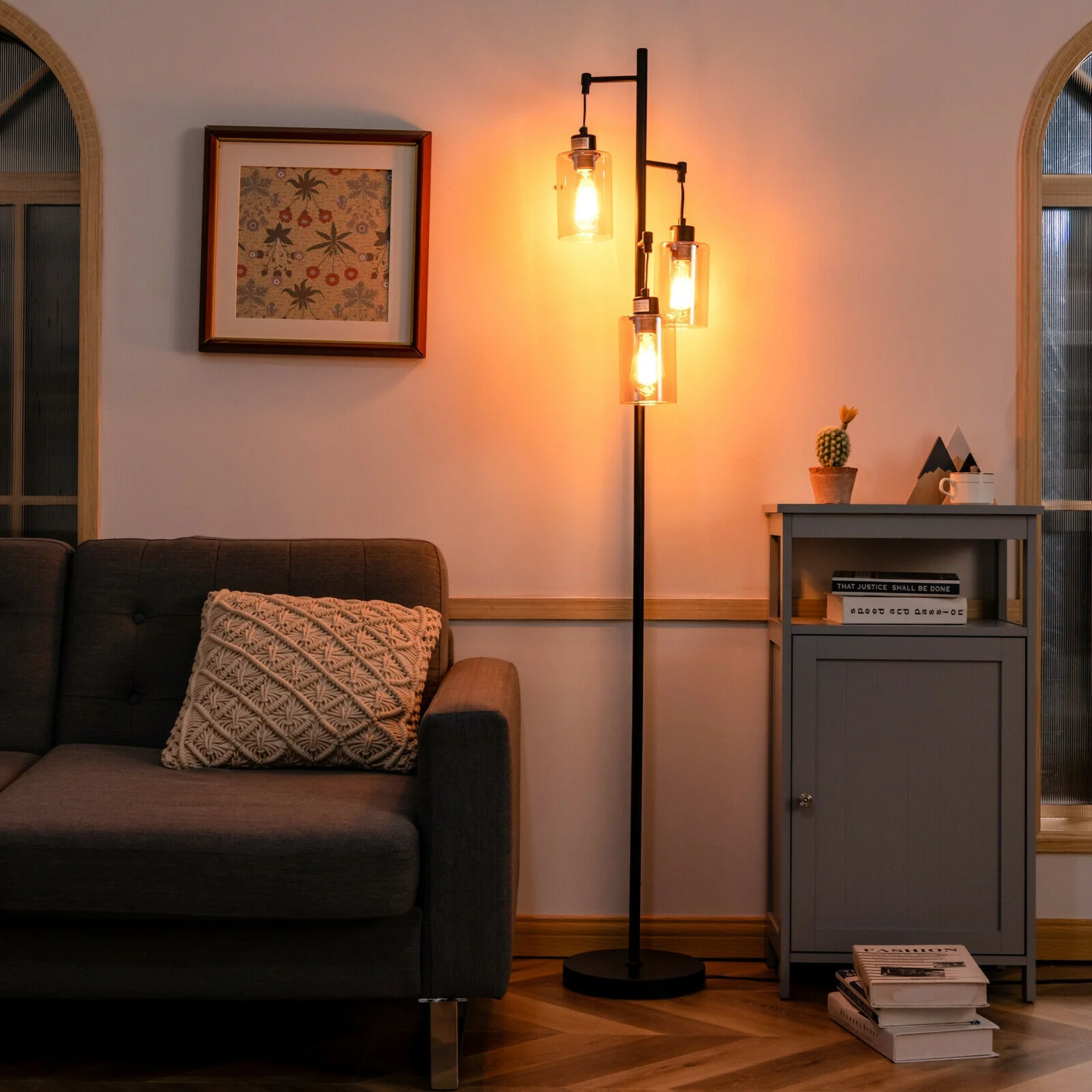 Retro Floor Lamp, 3-Head Hanging Glass Shade, Black, Amber - Image 7