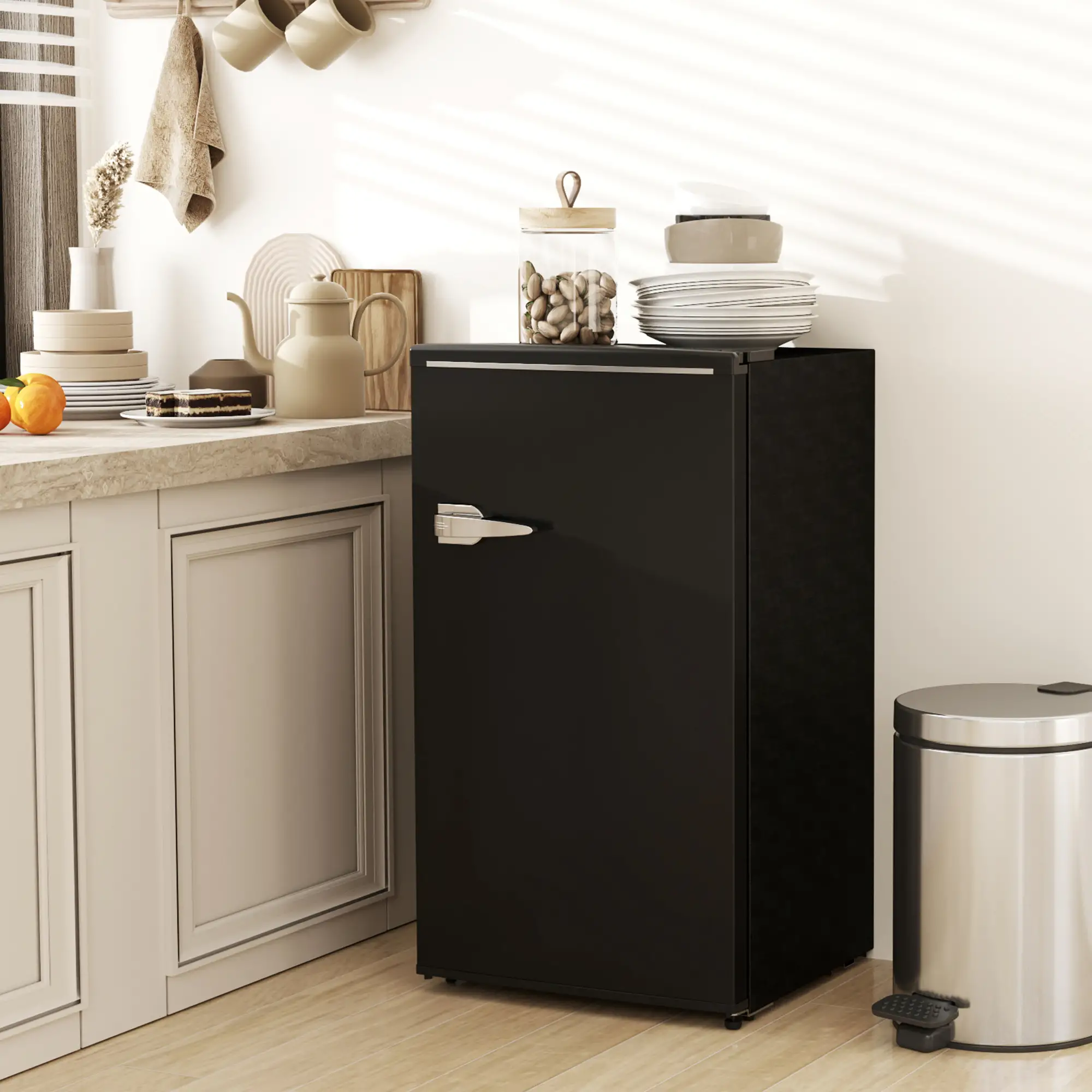 Retro Mini Fridge, 3.1 Cu. Ft, Adjustable Thermostat, 2 Glass Shelves, Black - Image 2