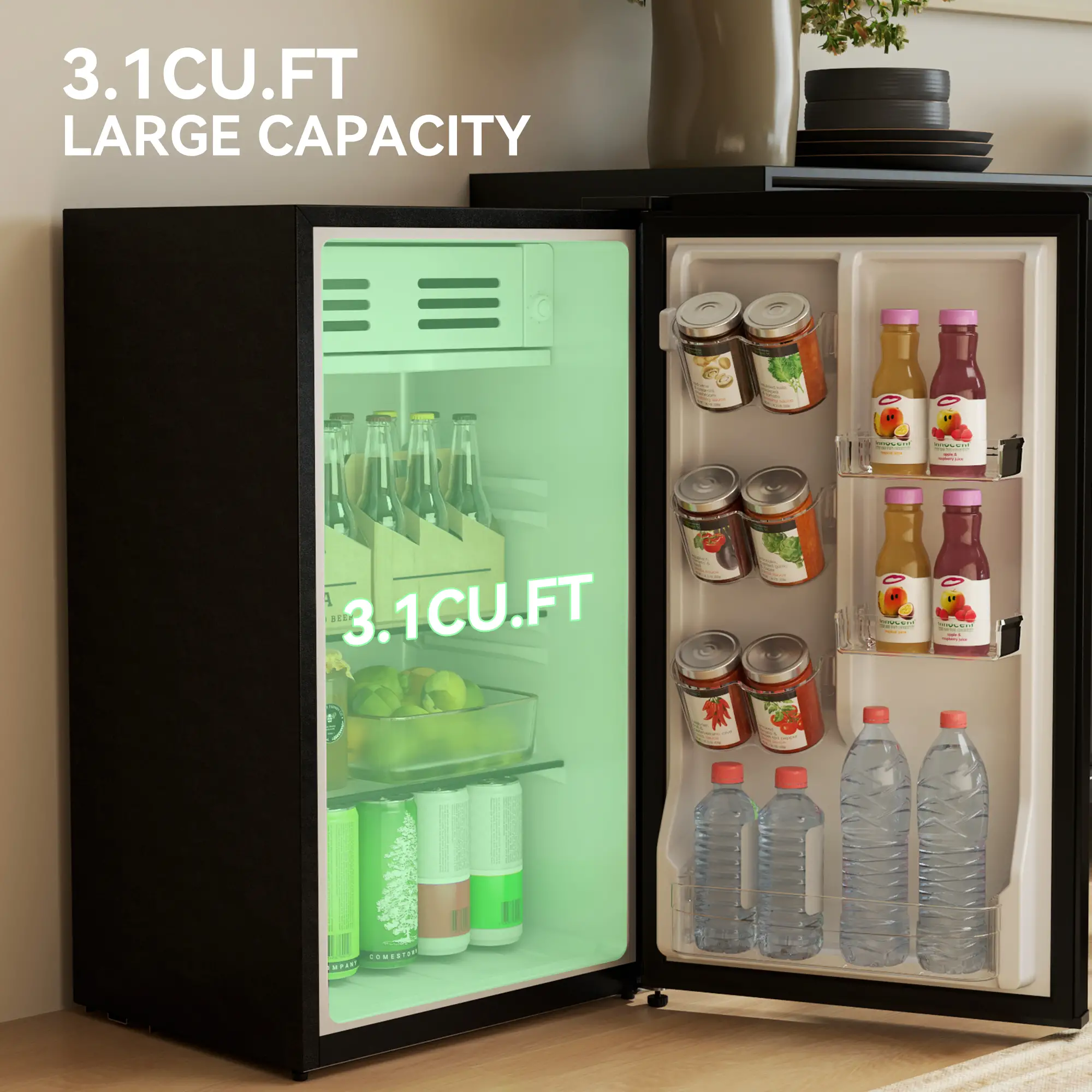 Retro Mini Fridge, 3.1 Cu. Ft, Adjustable Thermostat, 2 Glass Shelves, Black - Image 5