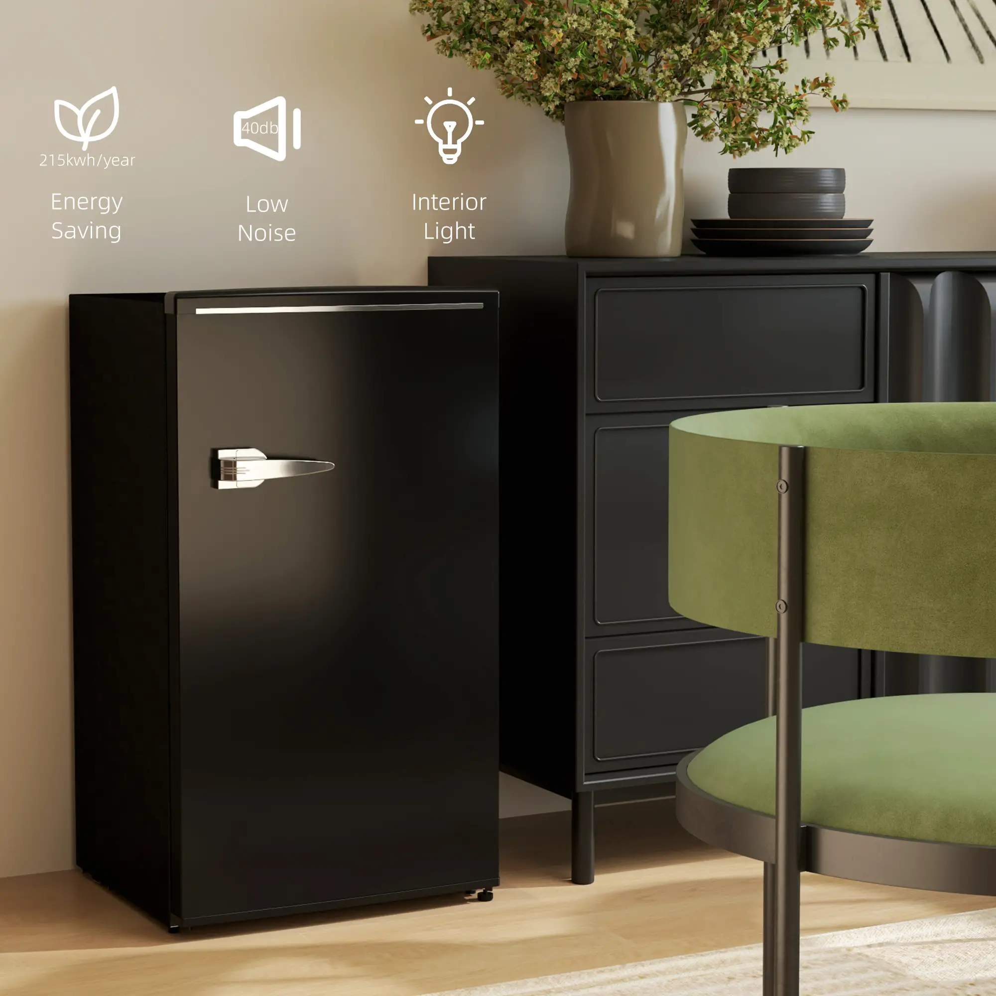 Retro Mini Fridge, 3.1 Cu. Ft, Adjustable Thermostat, 2 Glass Shelves, Black - Image 6