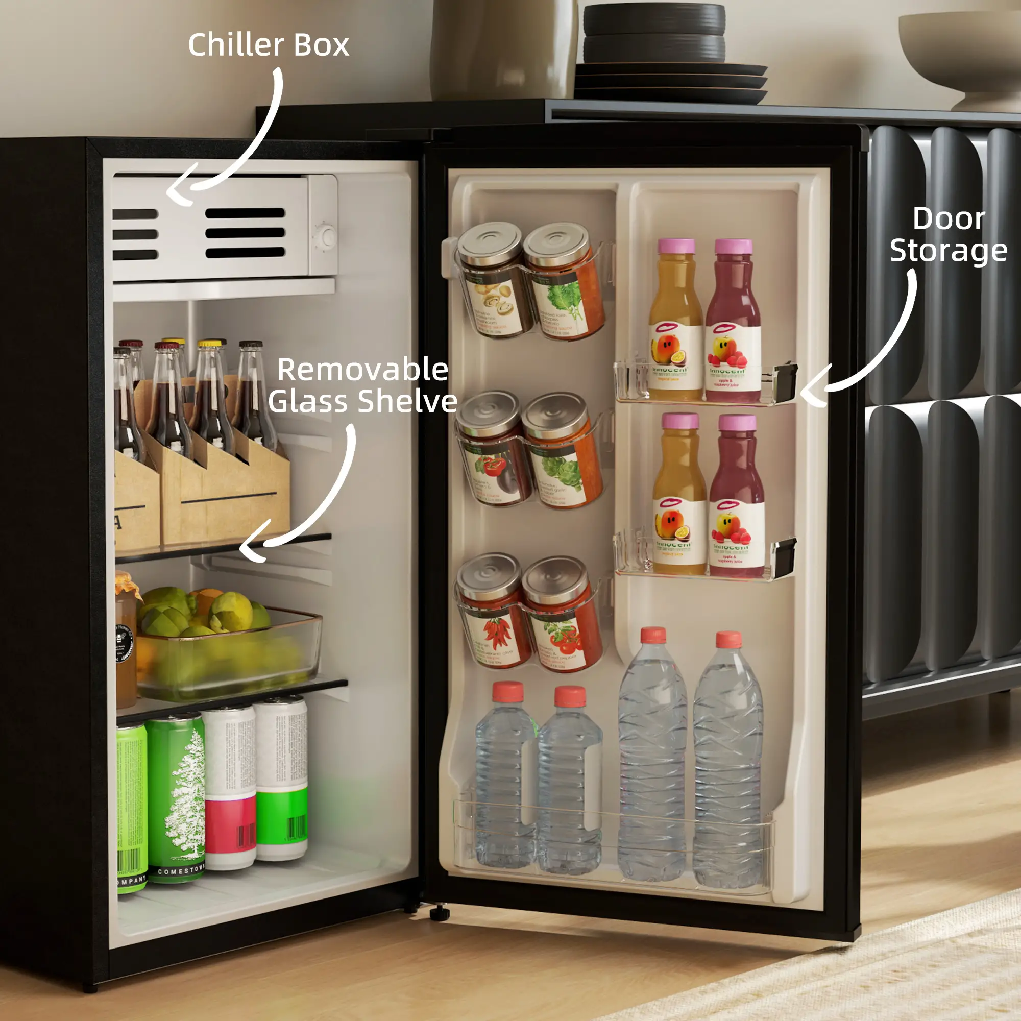 Retro Mini Fridge, 3.1 Cu. Ft, Adjustable Thermostat, 2 Glass Shelves, Black - Image 9