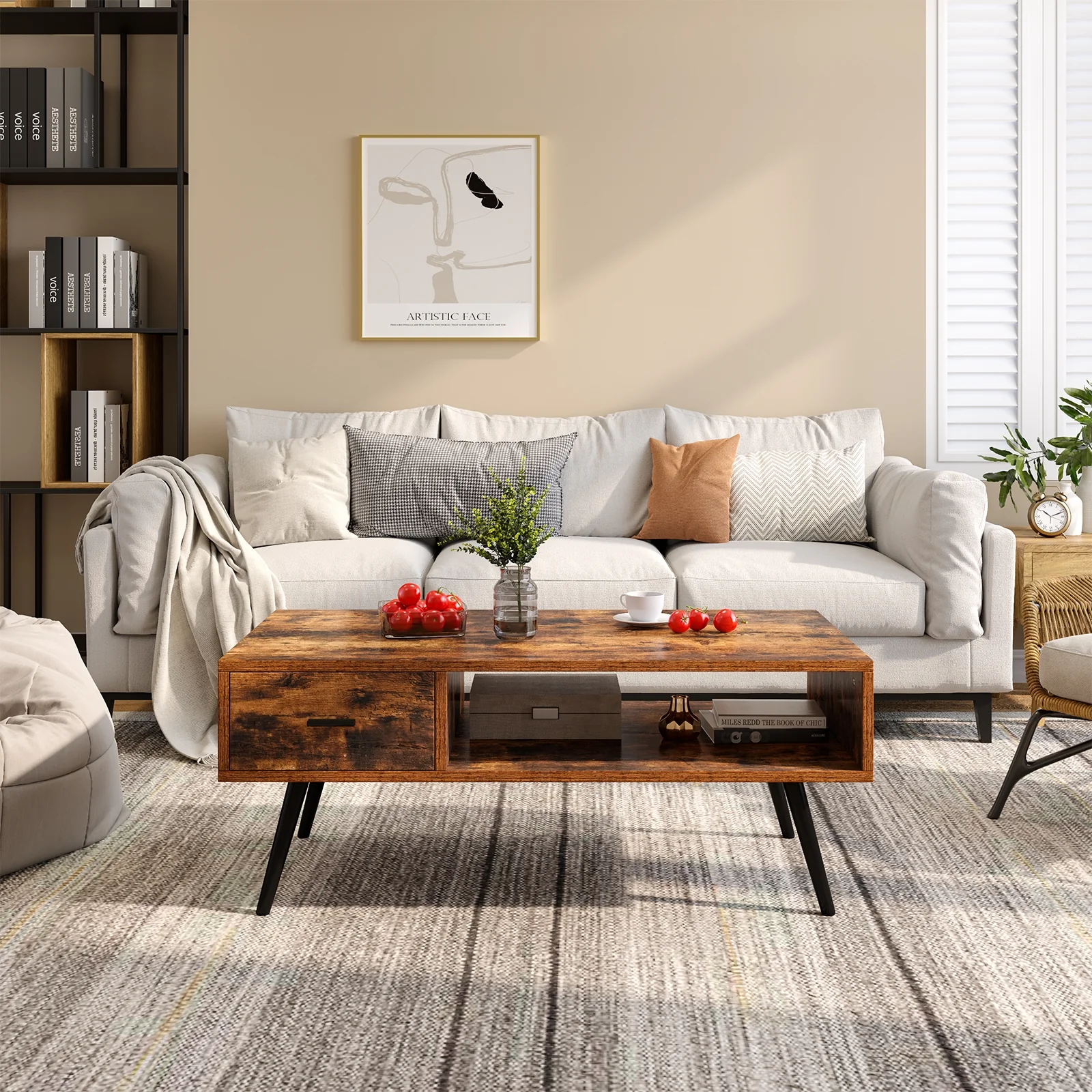 Retro Rectangular Coffee Table With Drawer, Storage Shelf, Brown - Image 10