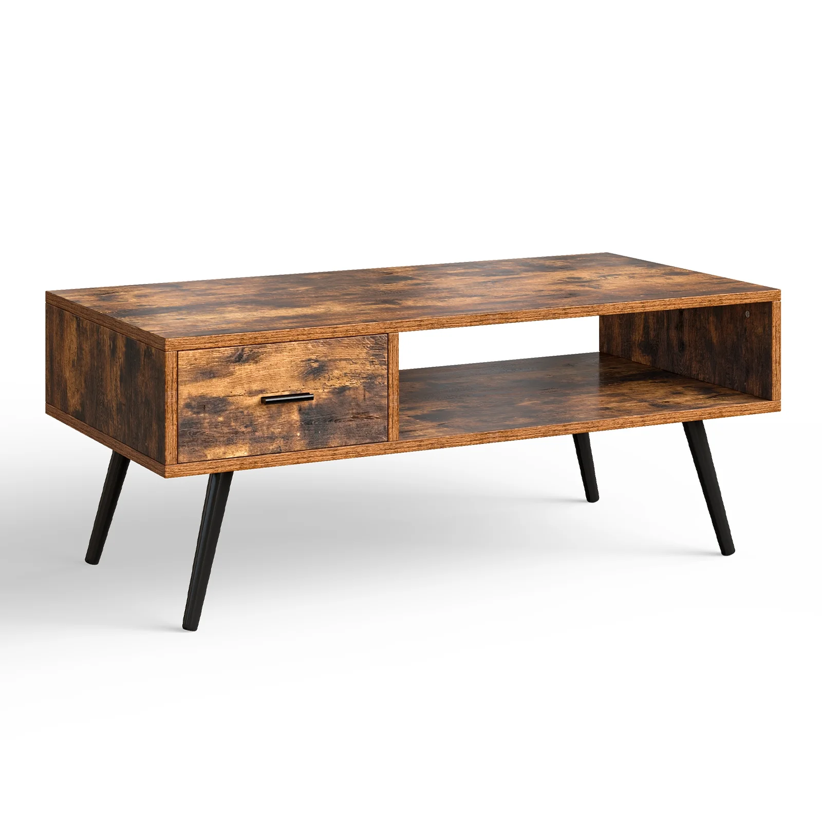 Retro Rectangular Coffee Table With Drawer, Storage Shelf, Brown - Image 4
