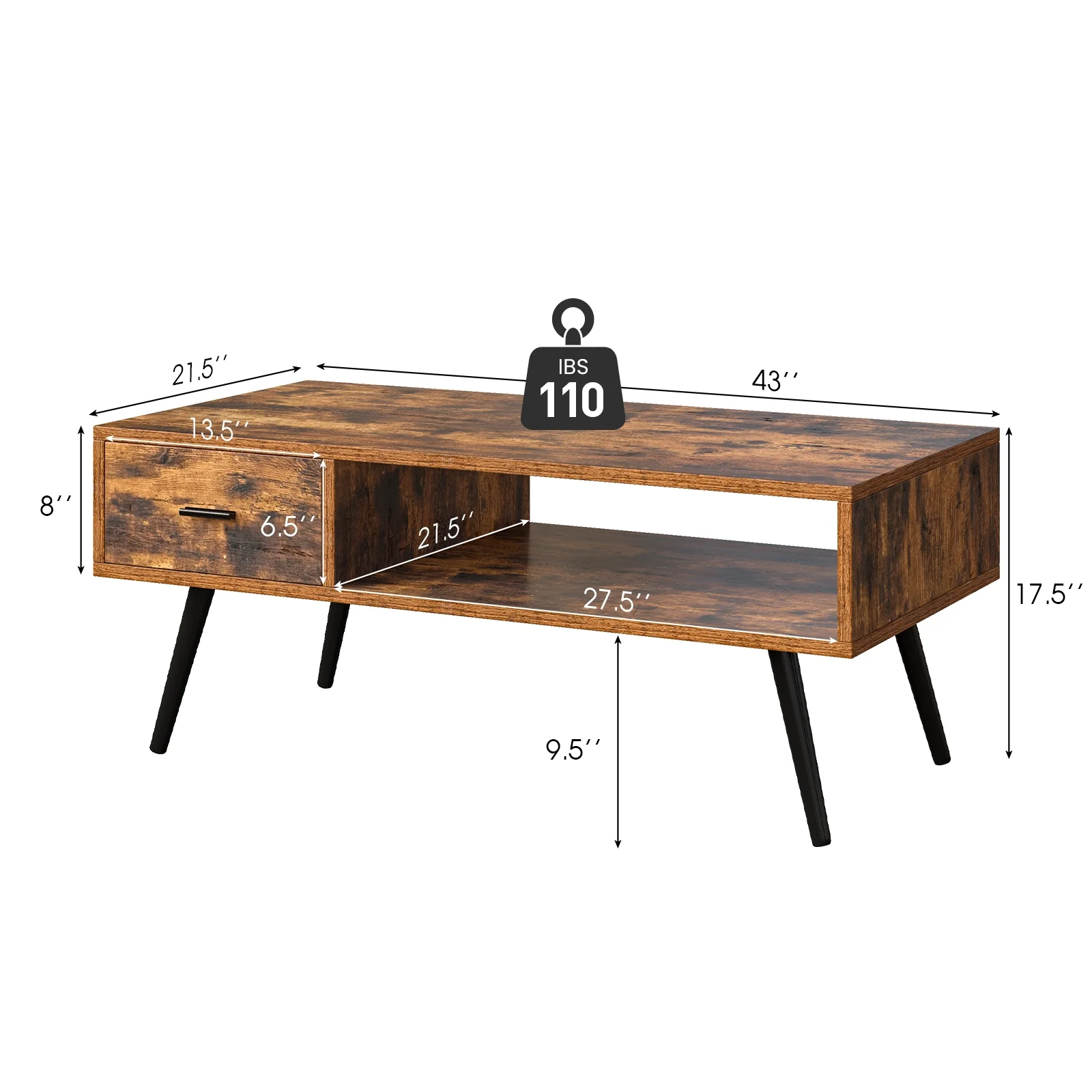 Retro Rectangular Coffee Table With Drawer, Storage Shelf, Brown - Image 6