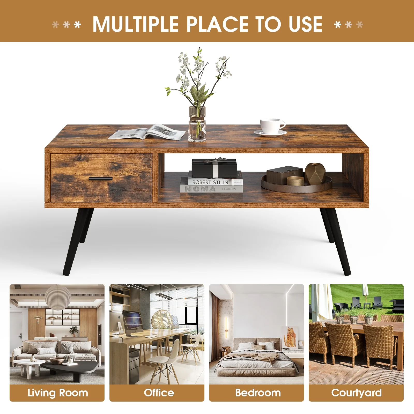 Retro Rectangular Coffee Table With Drawer, Storage Shelf, Brown - Image 7