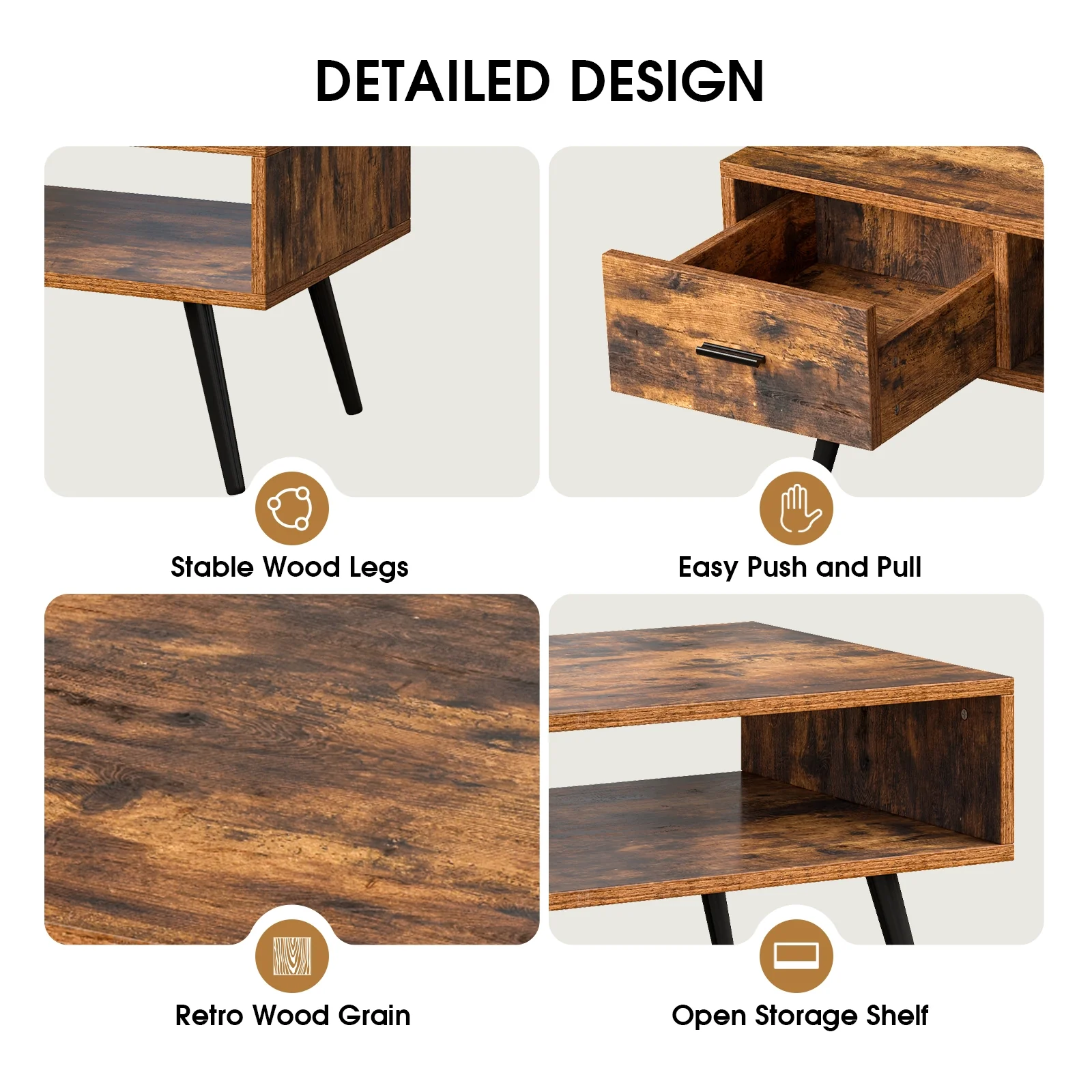 Retro Rectangular Coffee Table With Drawer, Storage Shelf, Brown - Image 8