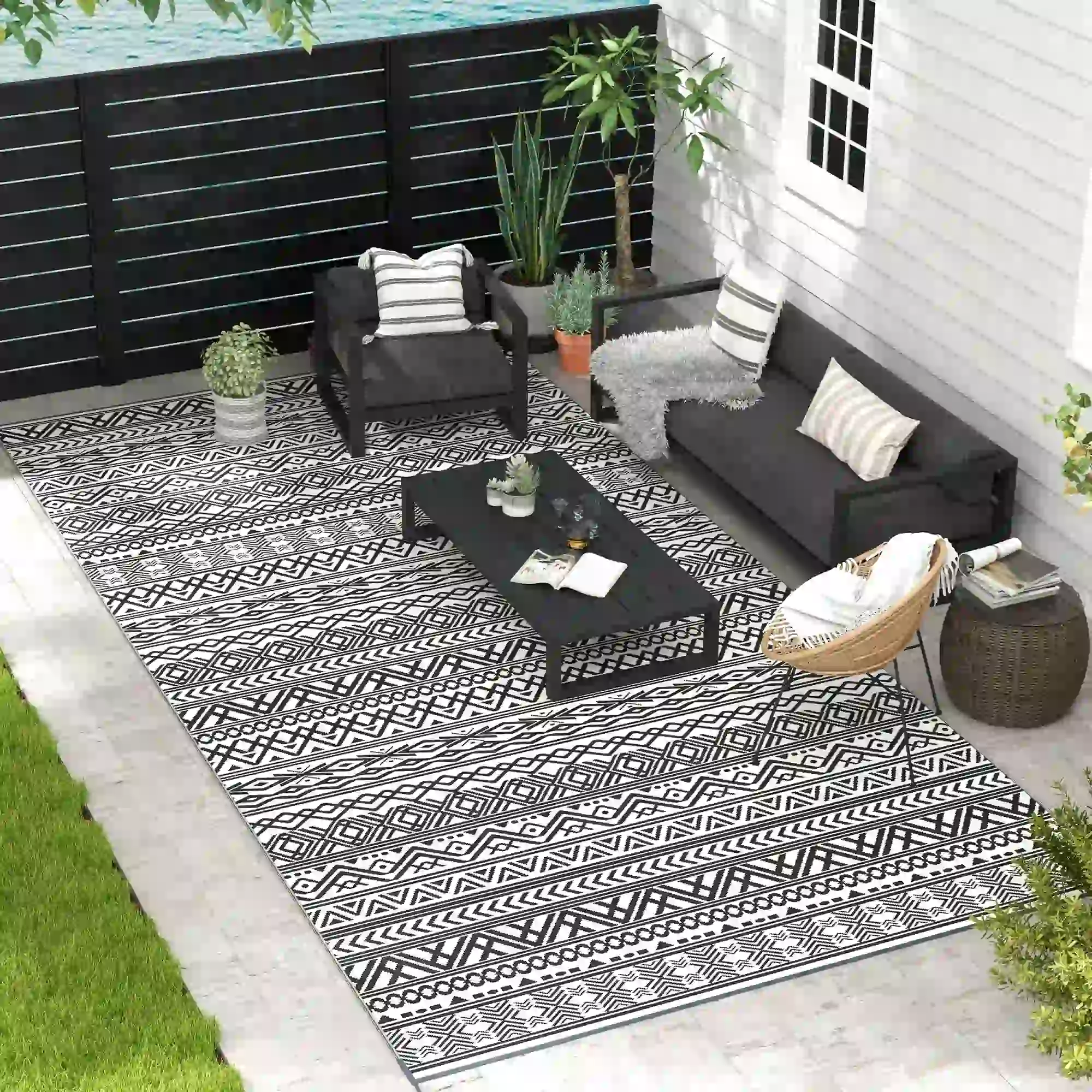Reversible Outdoor Rug, Waterproof, 9' x 18', Boho, Grey Cream White - Image 2