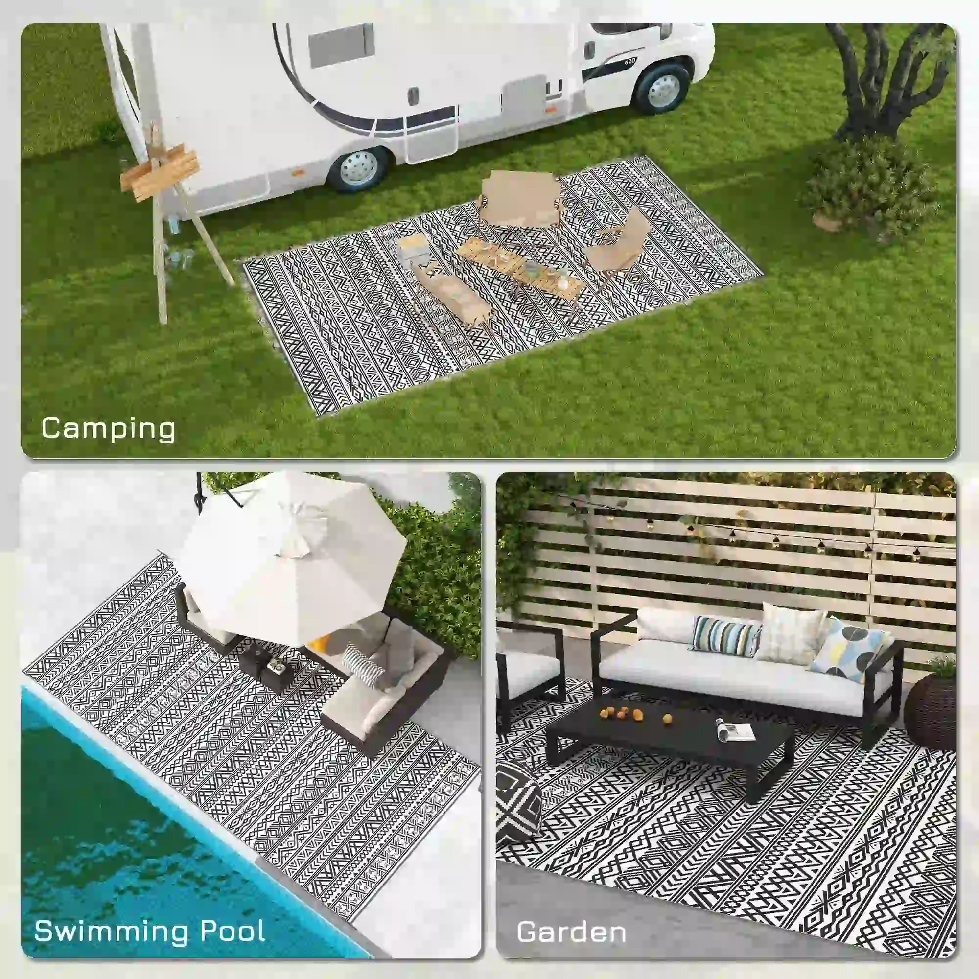 Reversible Outdoor Rug, Waterproof, 9' x 18', Boho, Grey Cream White - Image 6