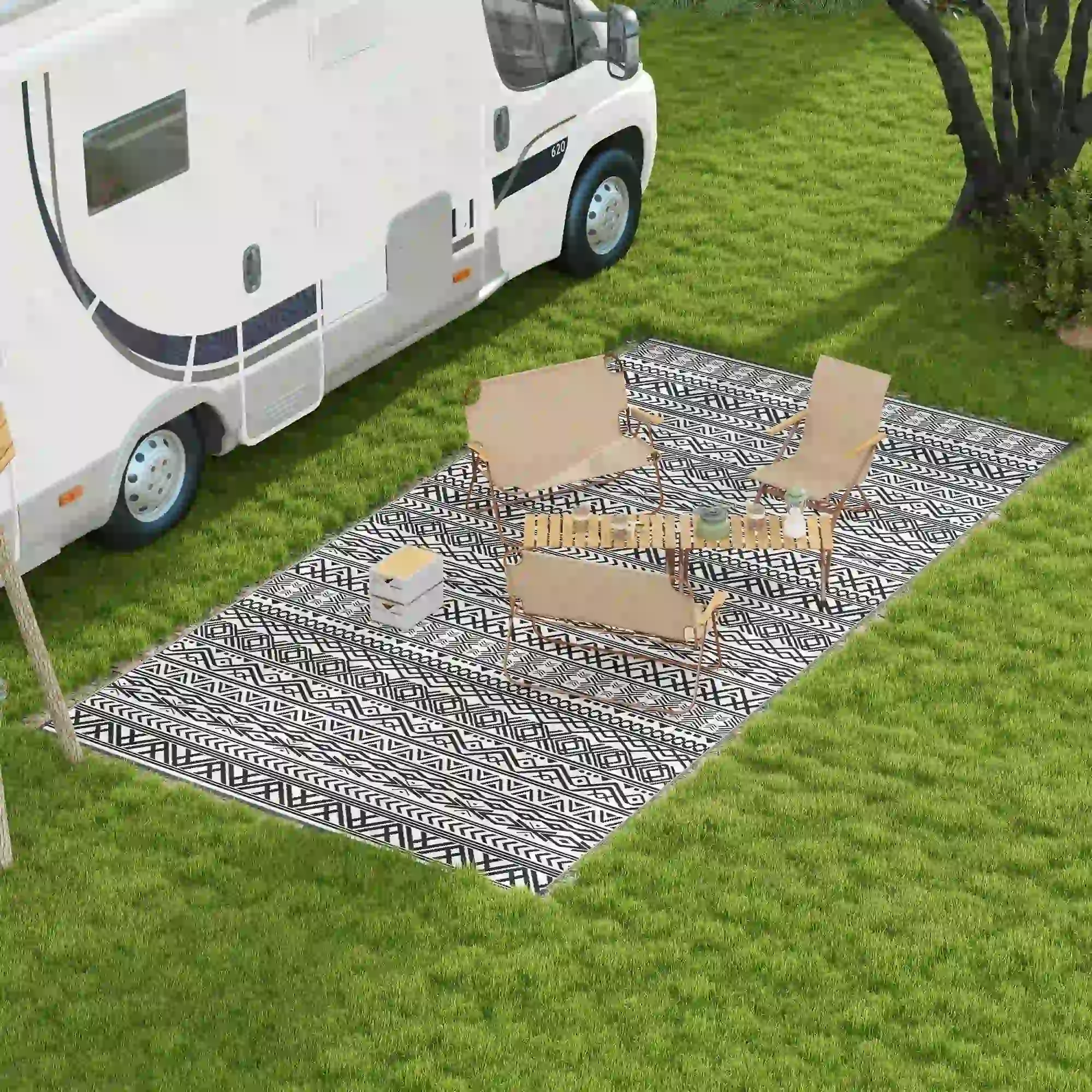 Reversible Outdoor Rug, Waterproof, 9' x 18', Boho, Grey Cream White - Image 8