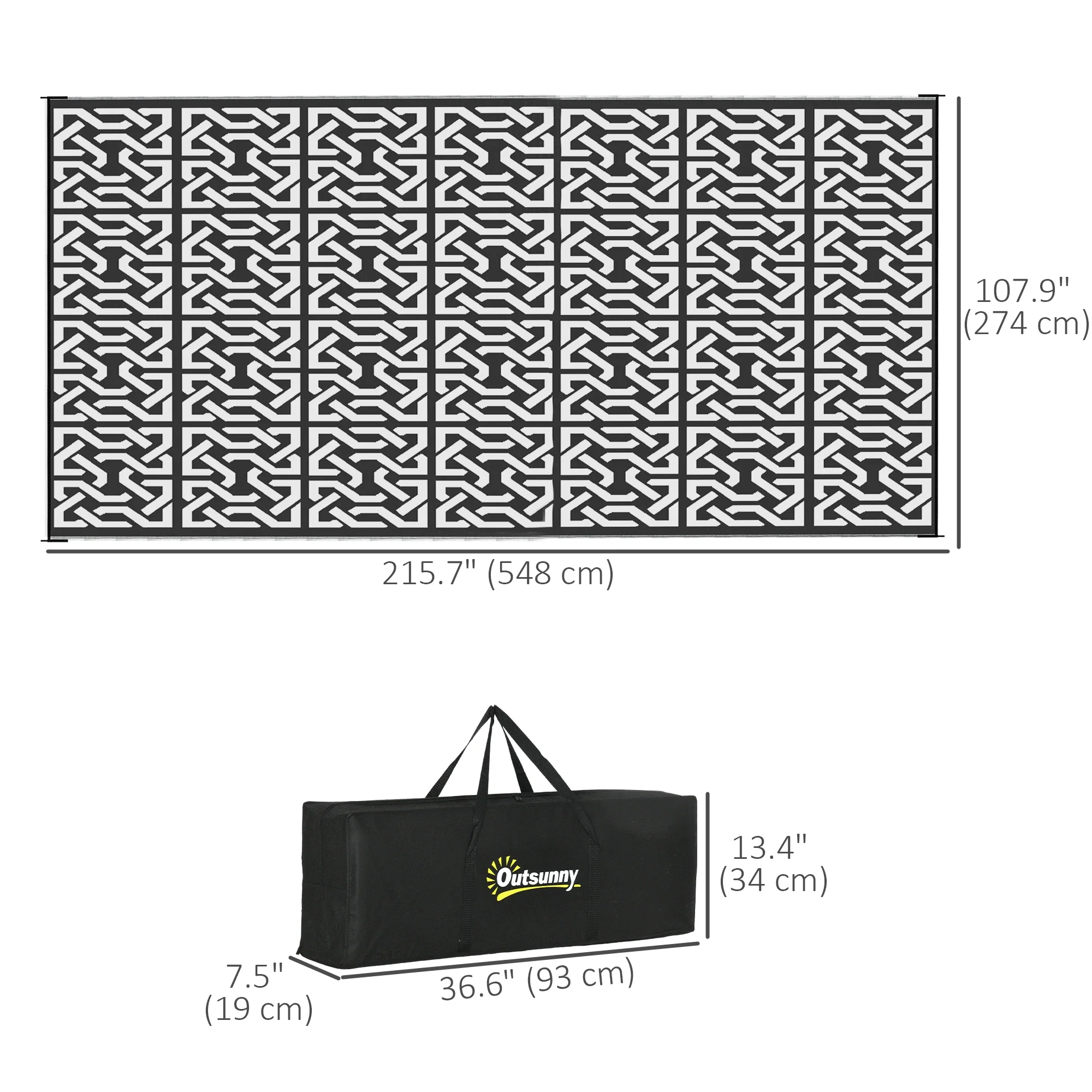 Reversible Outdoor Rug, Waterproof, 9' x 18', Chain, Black and White - Image 3