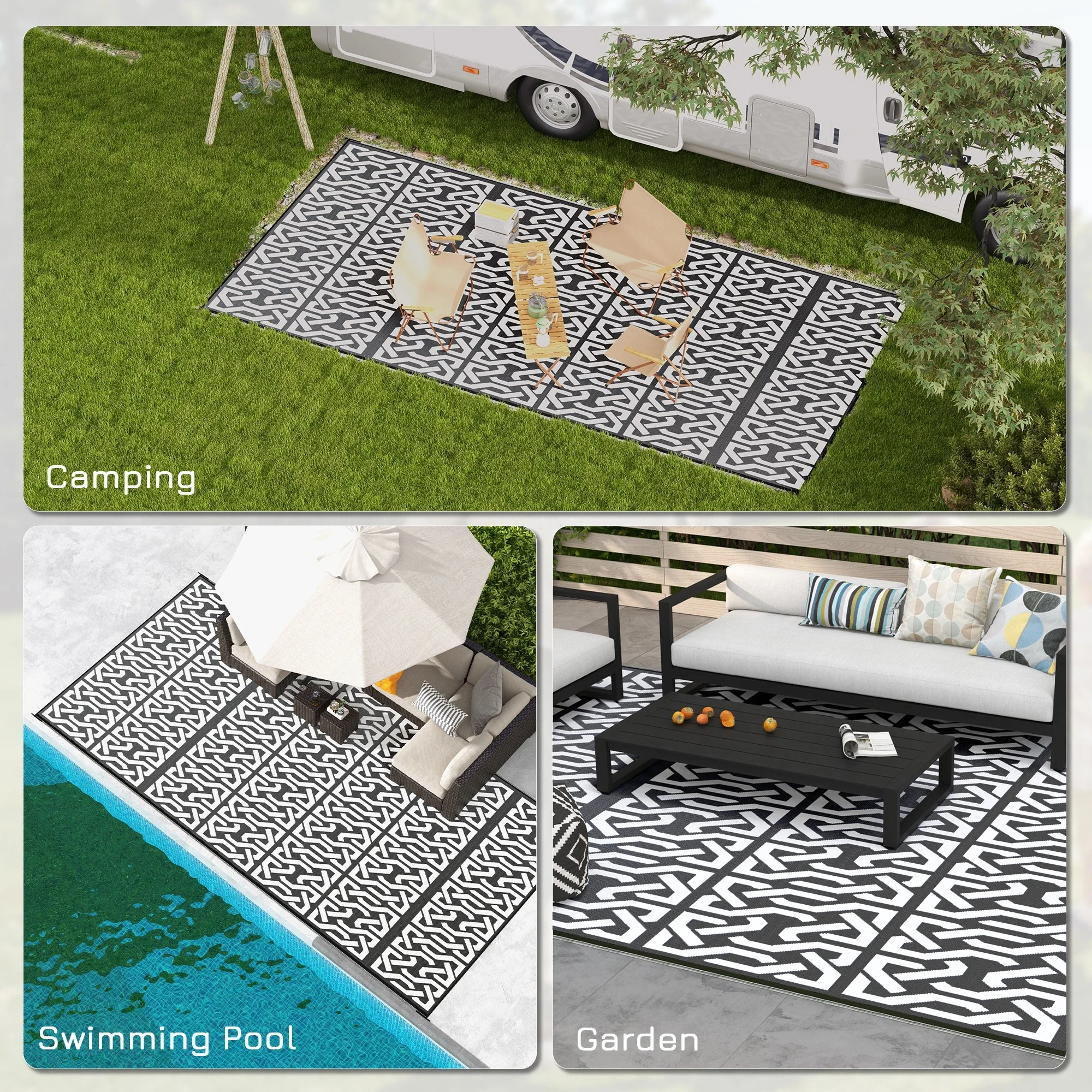 Reversible Outdoor Rug, Waterproof, 9' x 18', Chain, Black and White - Image 5