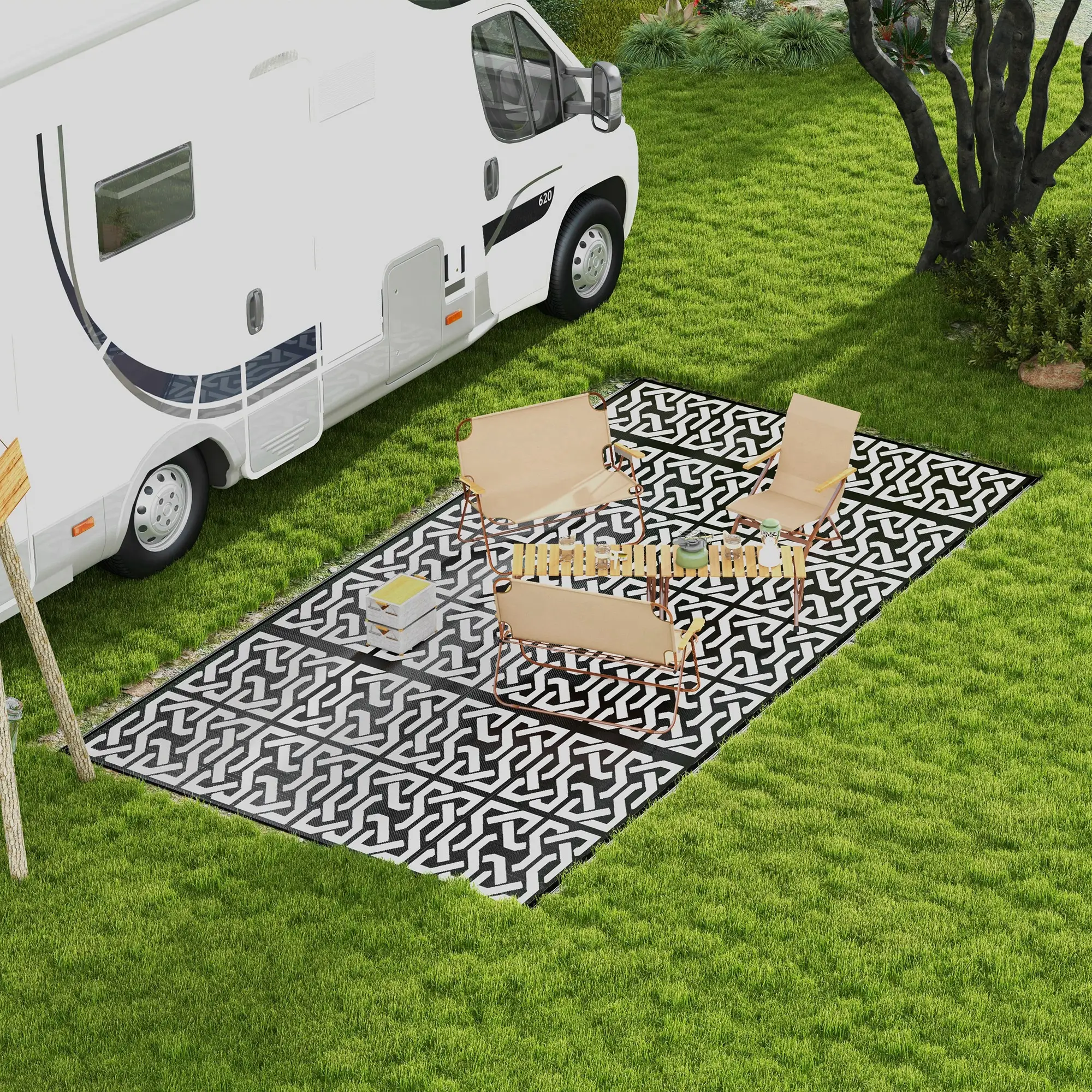 Reversible Outdoor Rug, Waterproof, 9' x 18', Chain, Black and White - Image 8