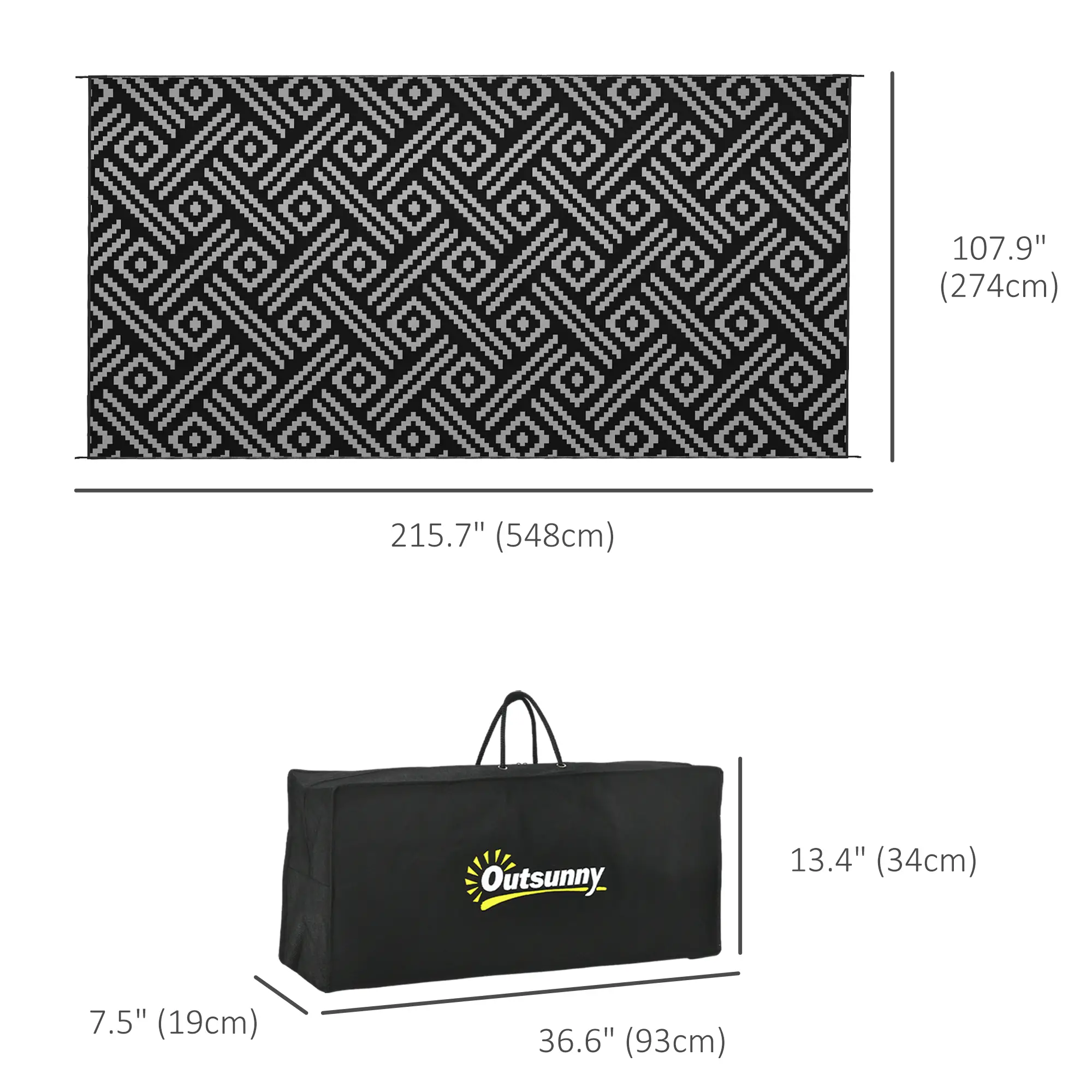 Reversible Outdoor Rug, Waterproof, 9' x 18', Geometric, Black Grey - Image 3