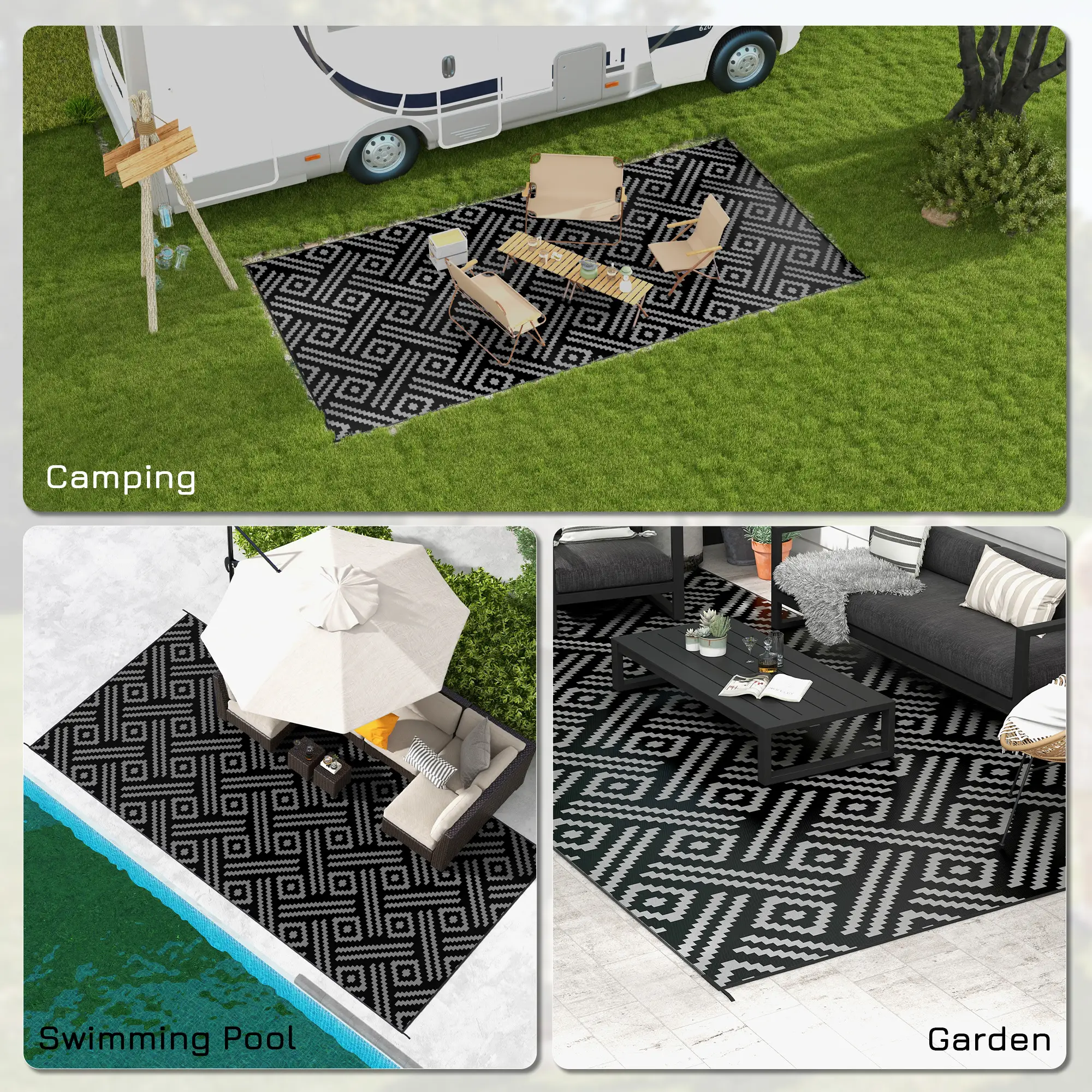 Reversible Outdoor Rug, Waterproof, 9' x 18', Geometric, Black Grey - Image 5