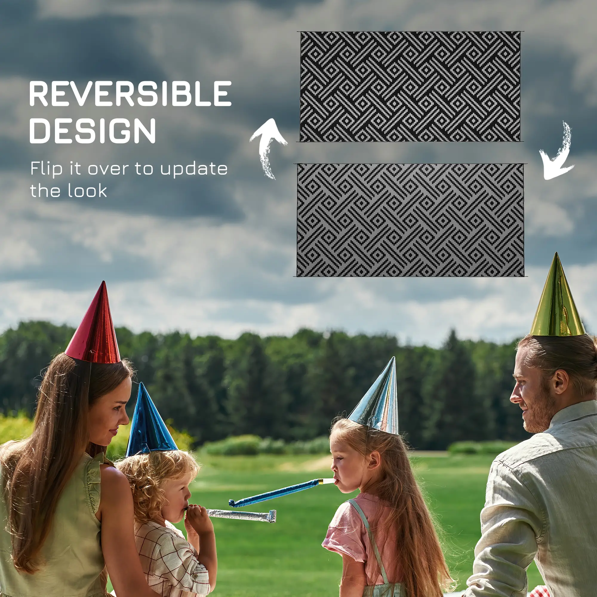 Reversible Outdoor Rug, Waterproof, 9' x 18', Geometric, Black Grey - Image 7