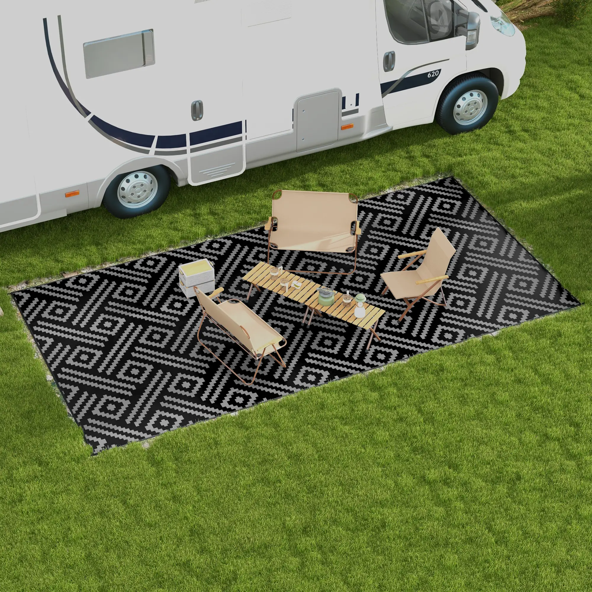 Reversible Outdoor Rug, Waterproof, 9' x 18', Geometric, Black Grey - Image 8