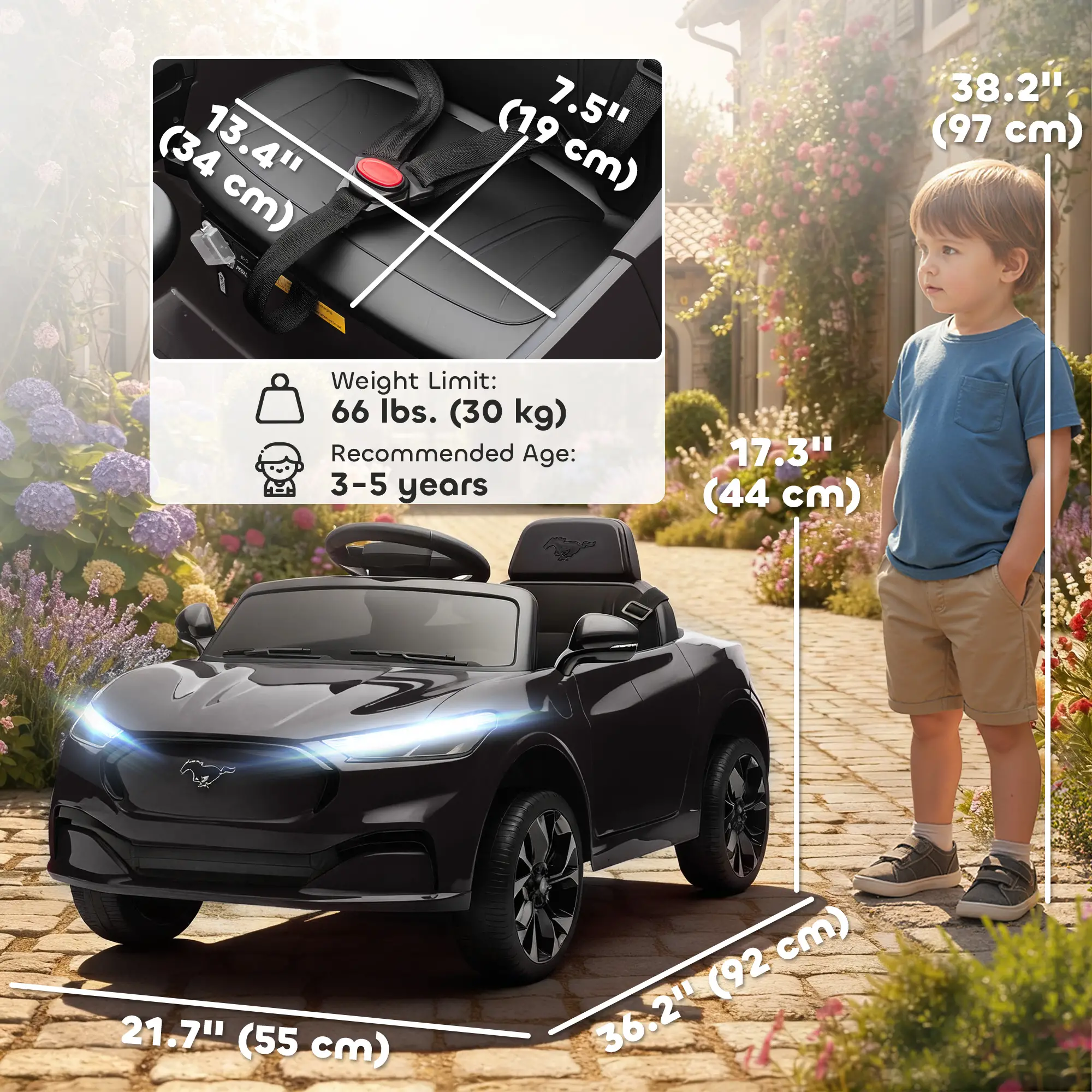 Ride On Car For Kids, 12V Electric Car, Remote Control, LED Light, Music, Black - Image 3