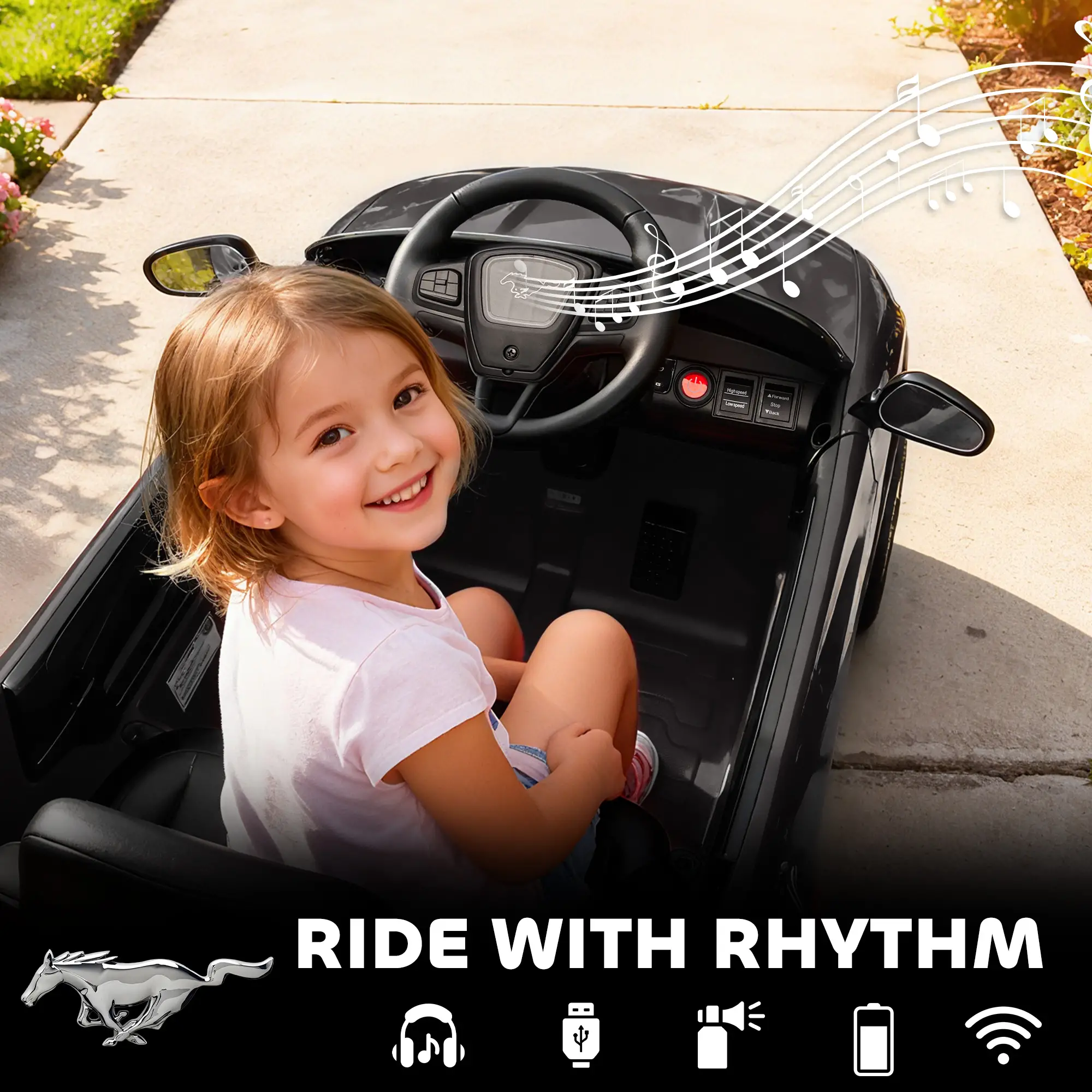 Ride On Car For Kids, 12V Electric Car, Remote Control, LED Light, Music, Black - Image 7