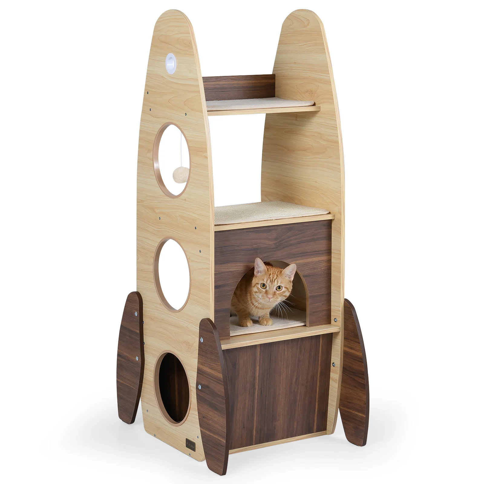 Rocket Cat Tree 47 Inch Large Wooden Cat Tower for Indoor Cats, Natural