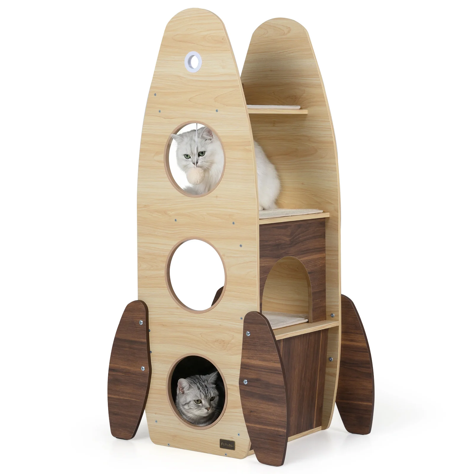 Rocket Cat Tree 47 Inch Large Wooden Cat Tower for Indoor Cats, Natural - Image 4
