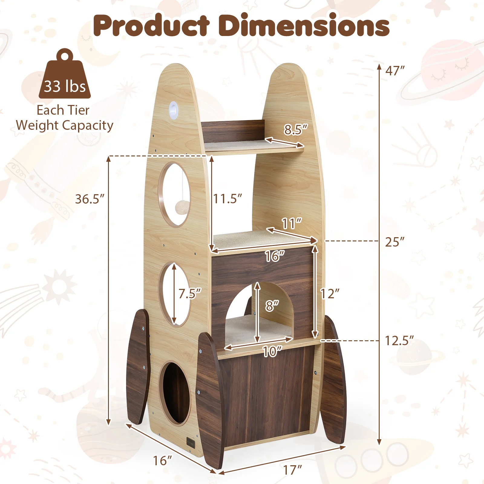 Rocket Cat Tree 47 Inch Large Wooden Cat Tower for Indoor Cats, Natural - Image 5