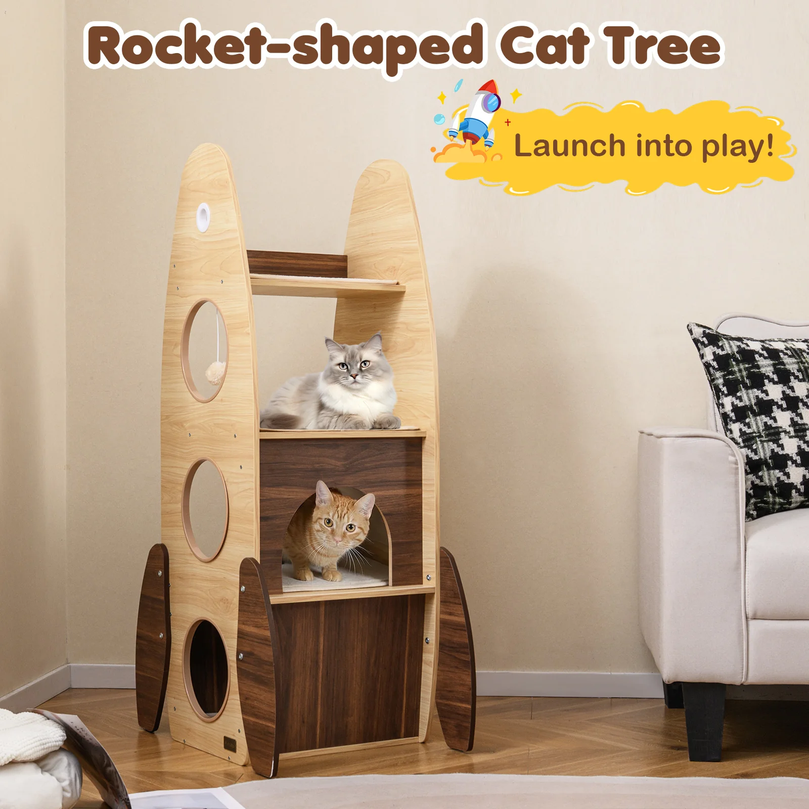 Rocket Cat Tree 47 Inch Large Wooden Cat Tower for Indoor Cats, Natural - Image 6