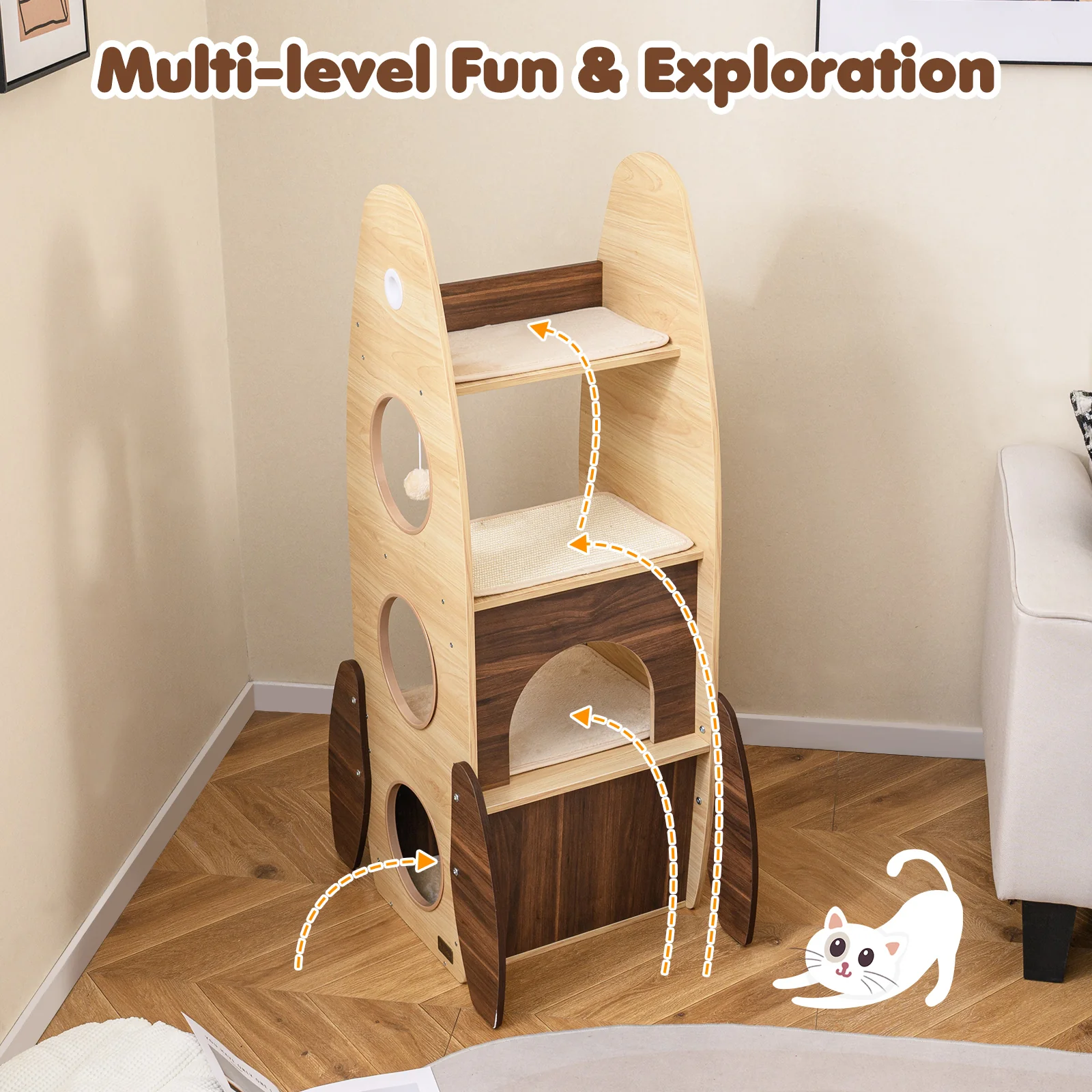 Rocket Cat Tree 47 Inch Large Wooden Cat Tower for Indoor Cats, Natural - Image 7