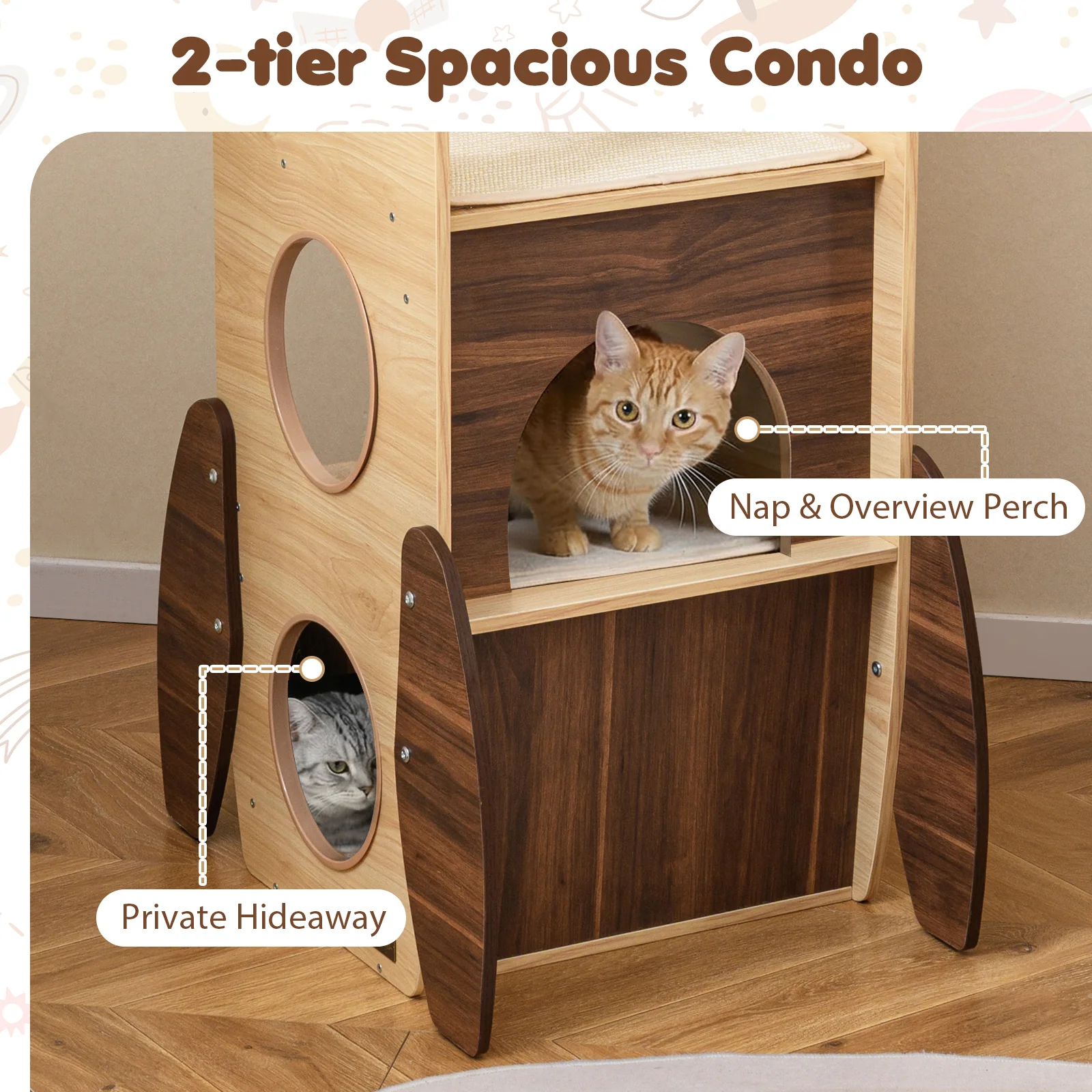 Rocket Cat Tree 47 Inch Large Wooden Cat Tower for Indoor Cats, Natural - Image 9