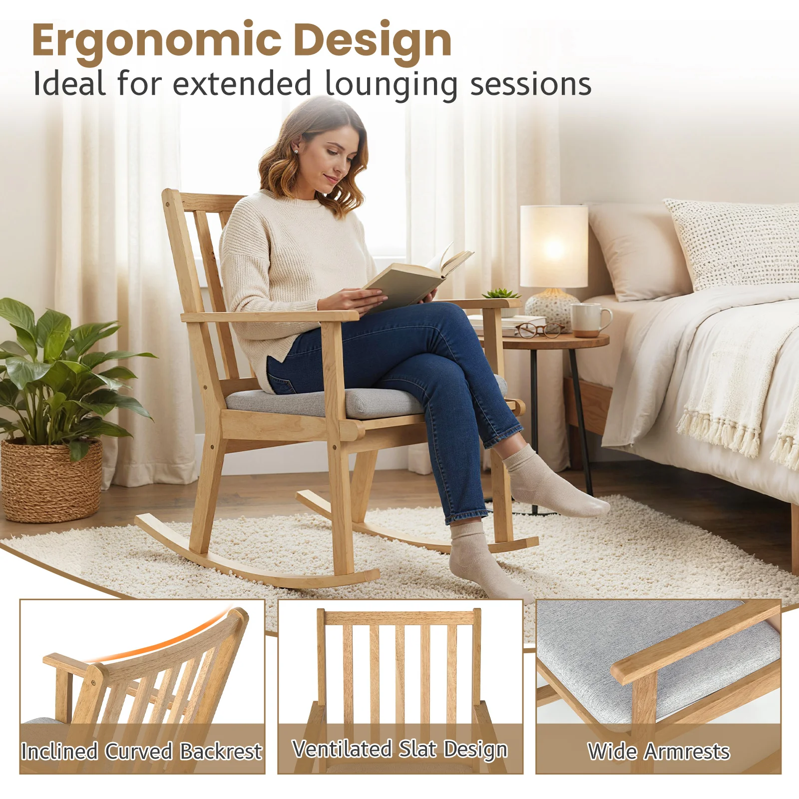 Rocking Chair with Cushion Solid Rubber Wood Rocker with Padded Seat, Natural - Image 10