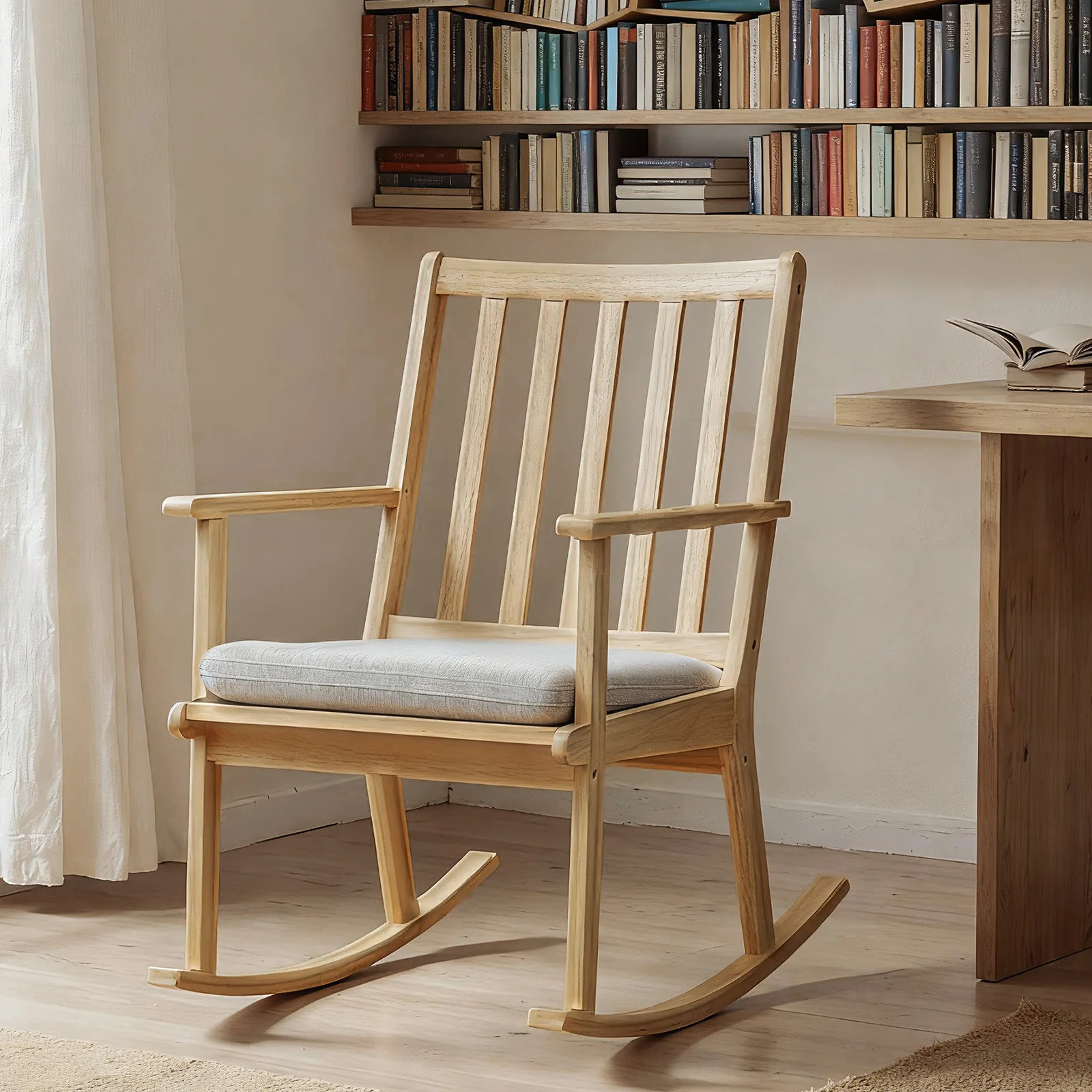 Rocking Chair with Cushion Solid Rubber Wood Rocker with Padded Seat, Natural - Image 2