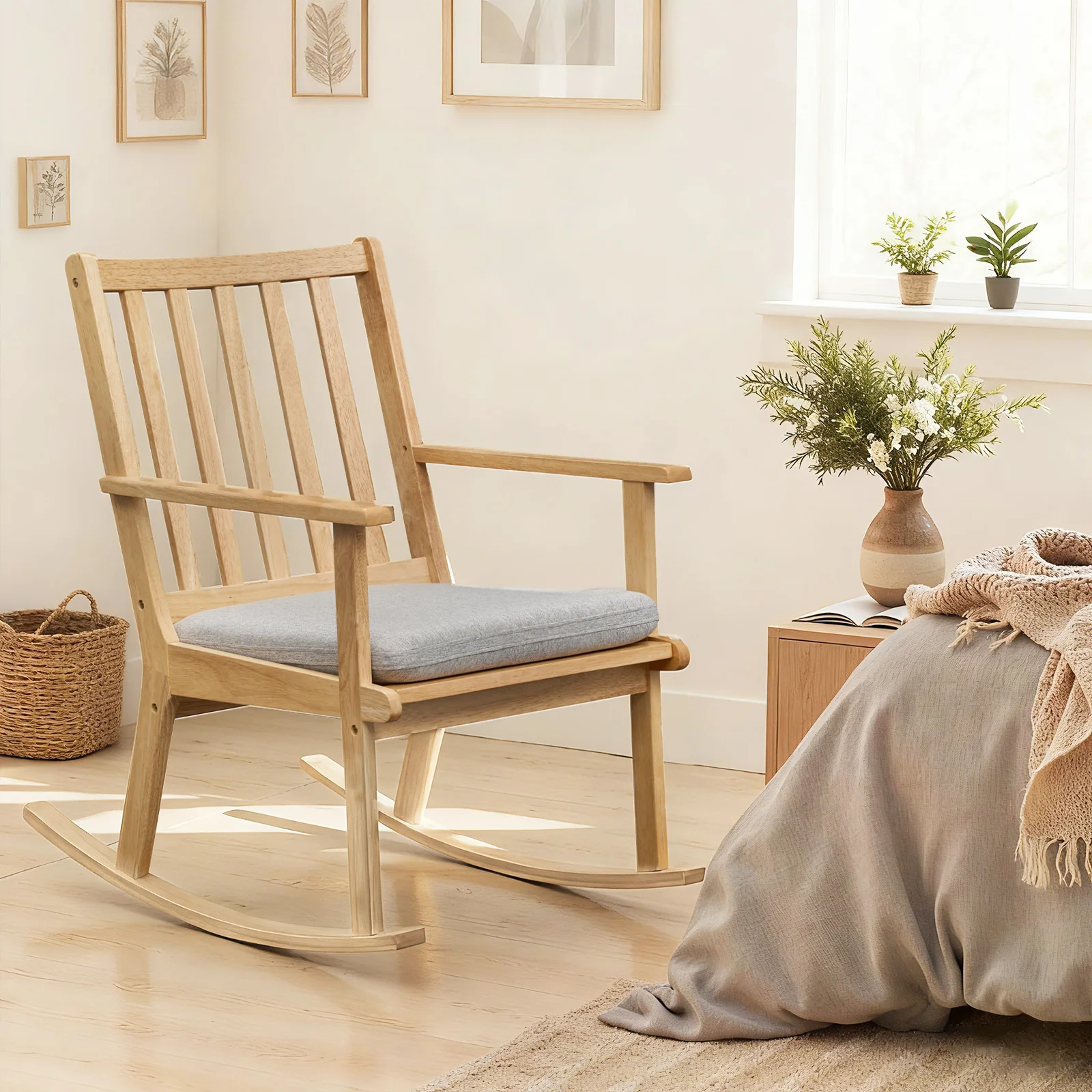 Rocking Chair with Cushion Solid Rubber Wood Rocker with Padded Seat, Natural - Image 3