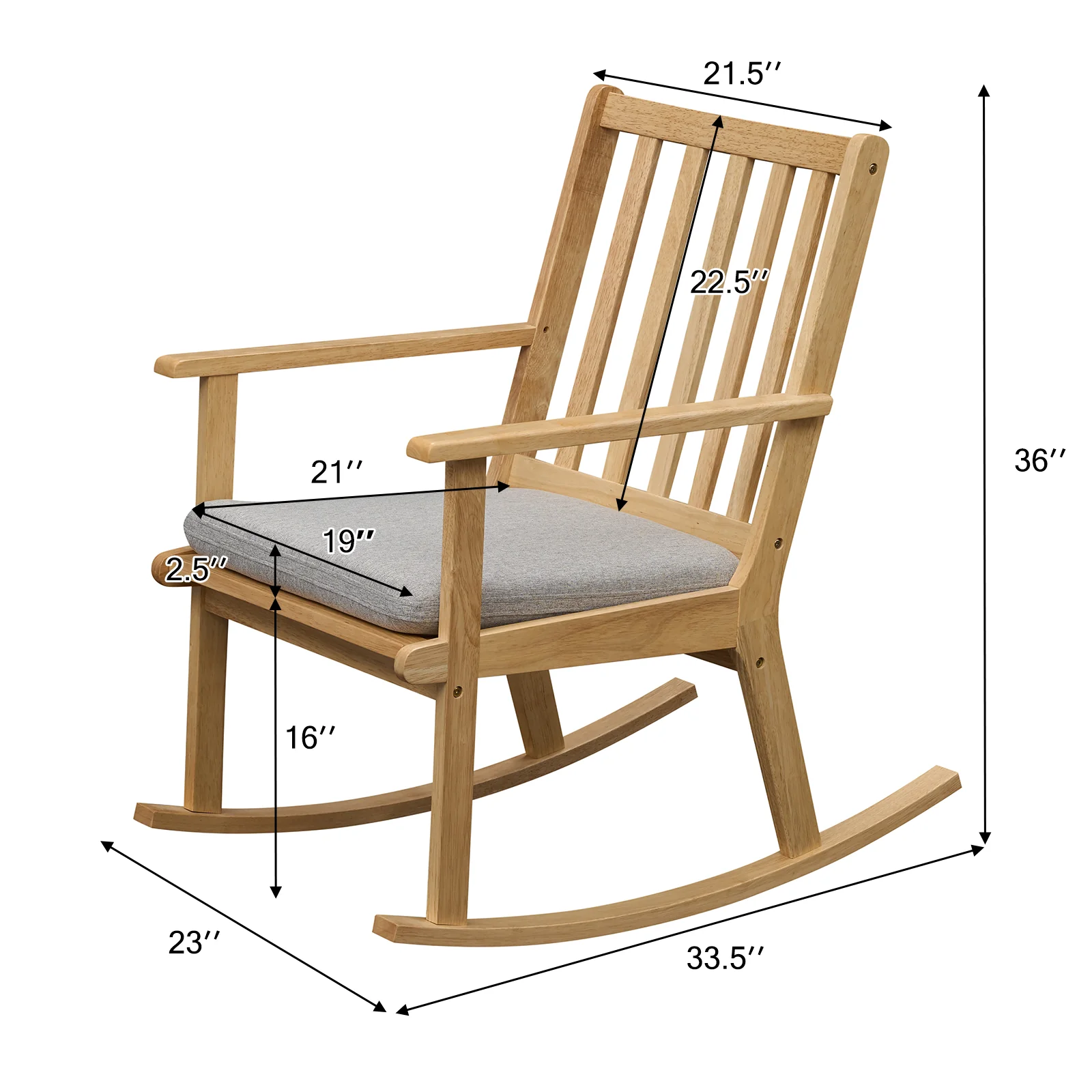 Rocking Chair with Cushion Solid Rubber Wood Rocker with Padded Seat, Natural - Image 5