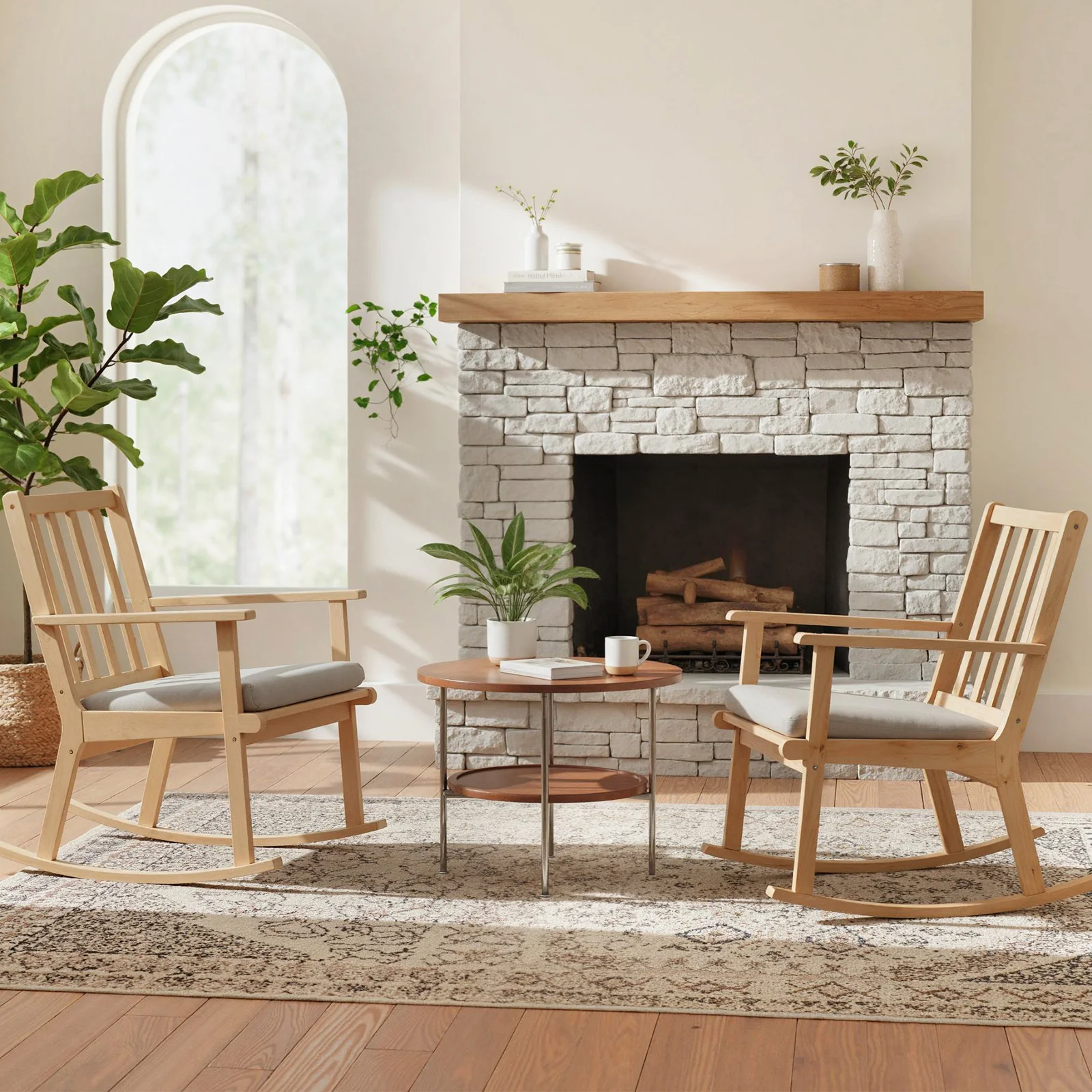Rocking Chair with Cushion Solid Rubber Wood Rocker with Padded Seat, Natural - Image 6