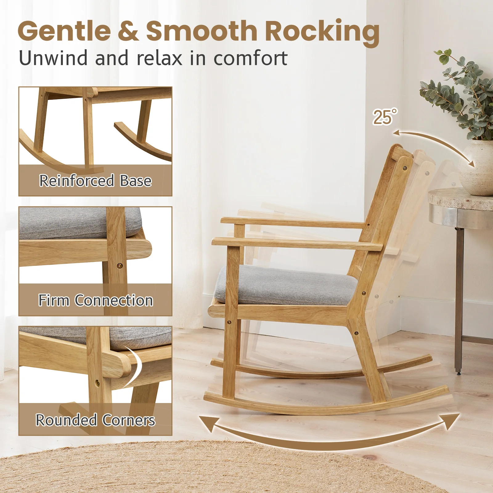 Rocking Chair with Cushion Solid Rubber Wood Rocker with Padded Seat, Natural - Image 7