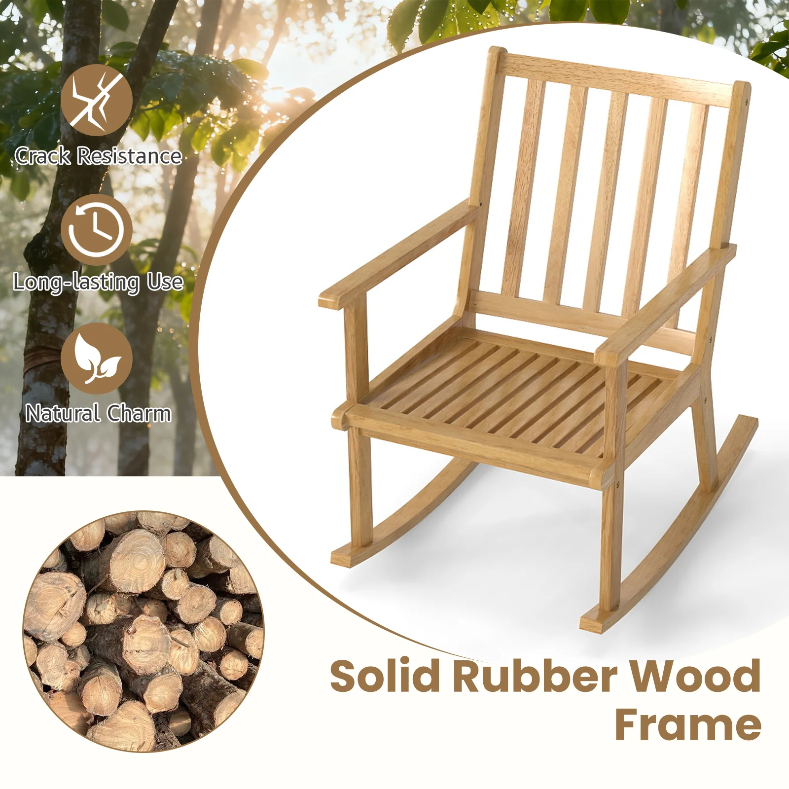 Rocking Chair with Cushion Solid Rubber Wood Rocker with Padded Seat, Natural - Image 8