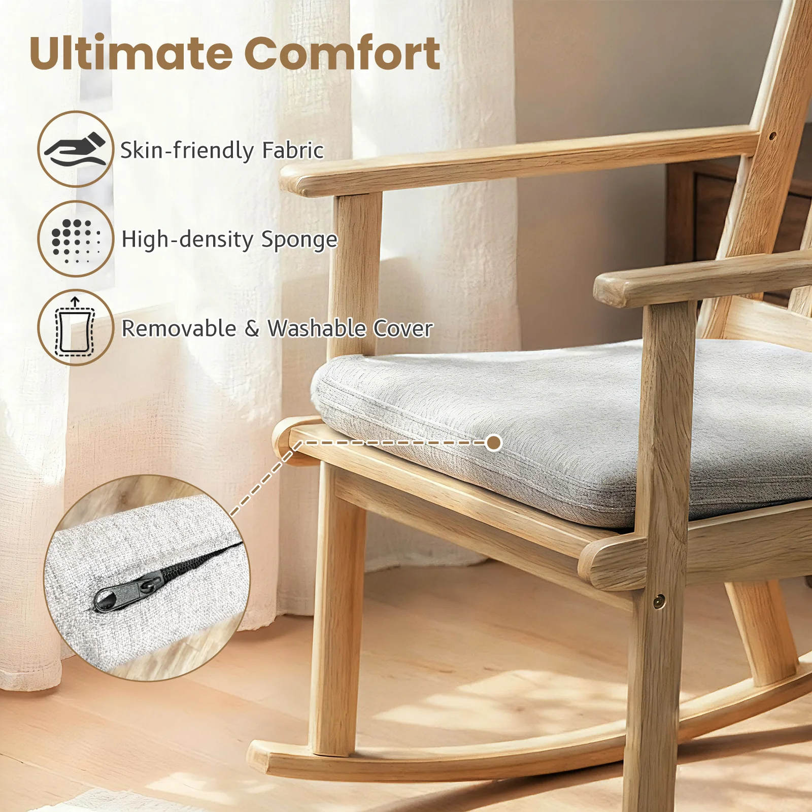Rocking Chair with Cushion Solid Rubber Wood Rocker with Padded Seat, Natural - Image 9