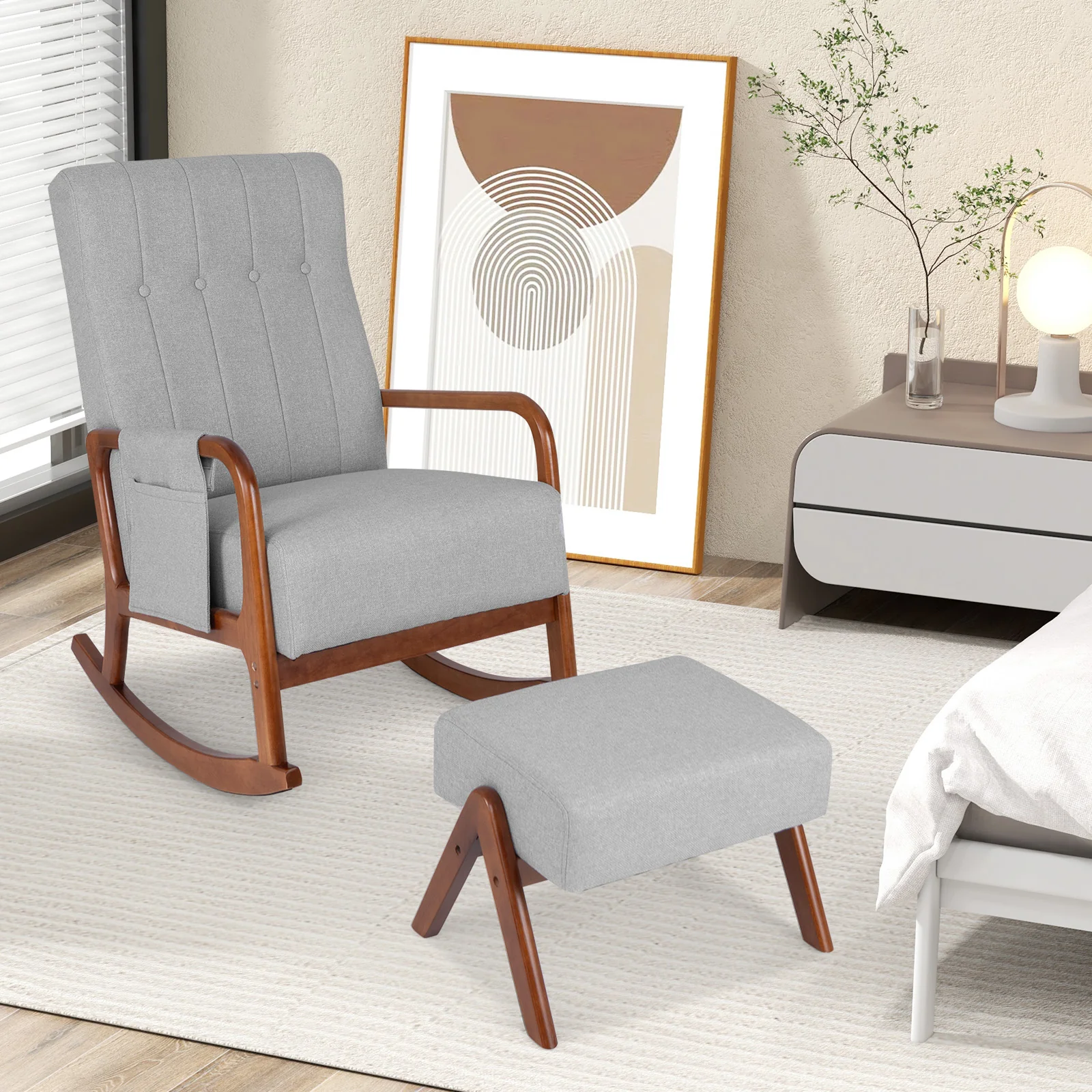 Rocking Chair With Ottoman, Solid Rubber Wood Frame, Padded Cushion, Gray - Image 10