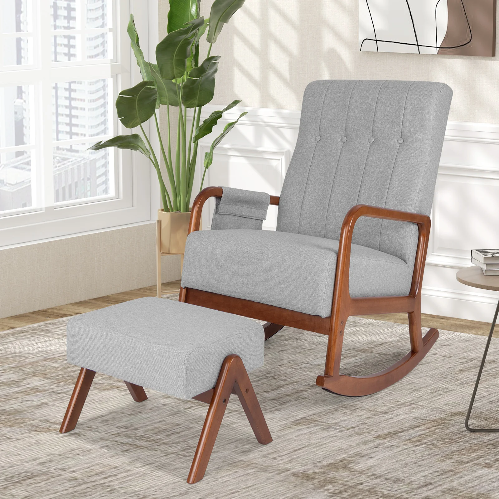 Rocking Chair With Ottoman, Solid Rubber Wood Frame, Padded Cushion, Gray - Image 3