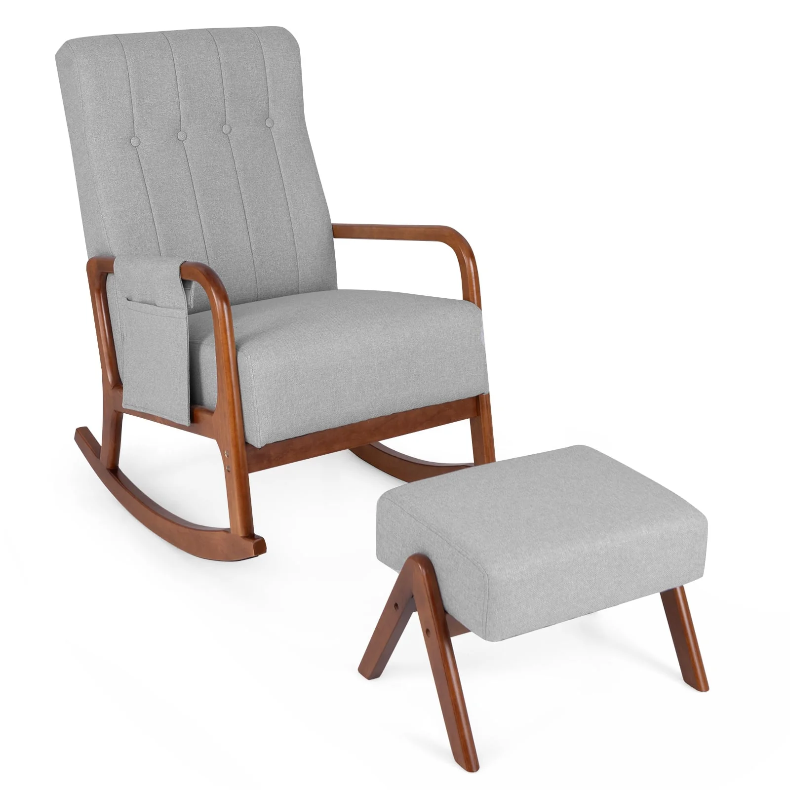 Rocking Chair With Ottoman, Solid Rubber Wood Frame, Padded Cushion, Gray - Image 4