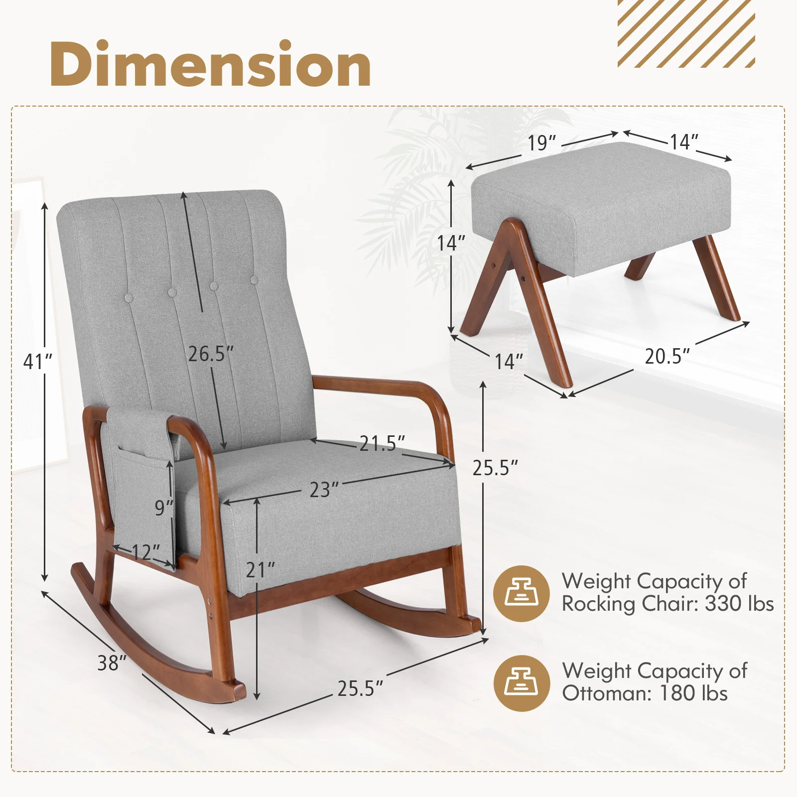 Rocking Chair With Ottoman, Solid Rubber Wood Frame, Padded Cushion, Gray - Image 5