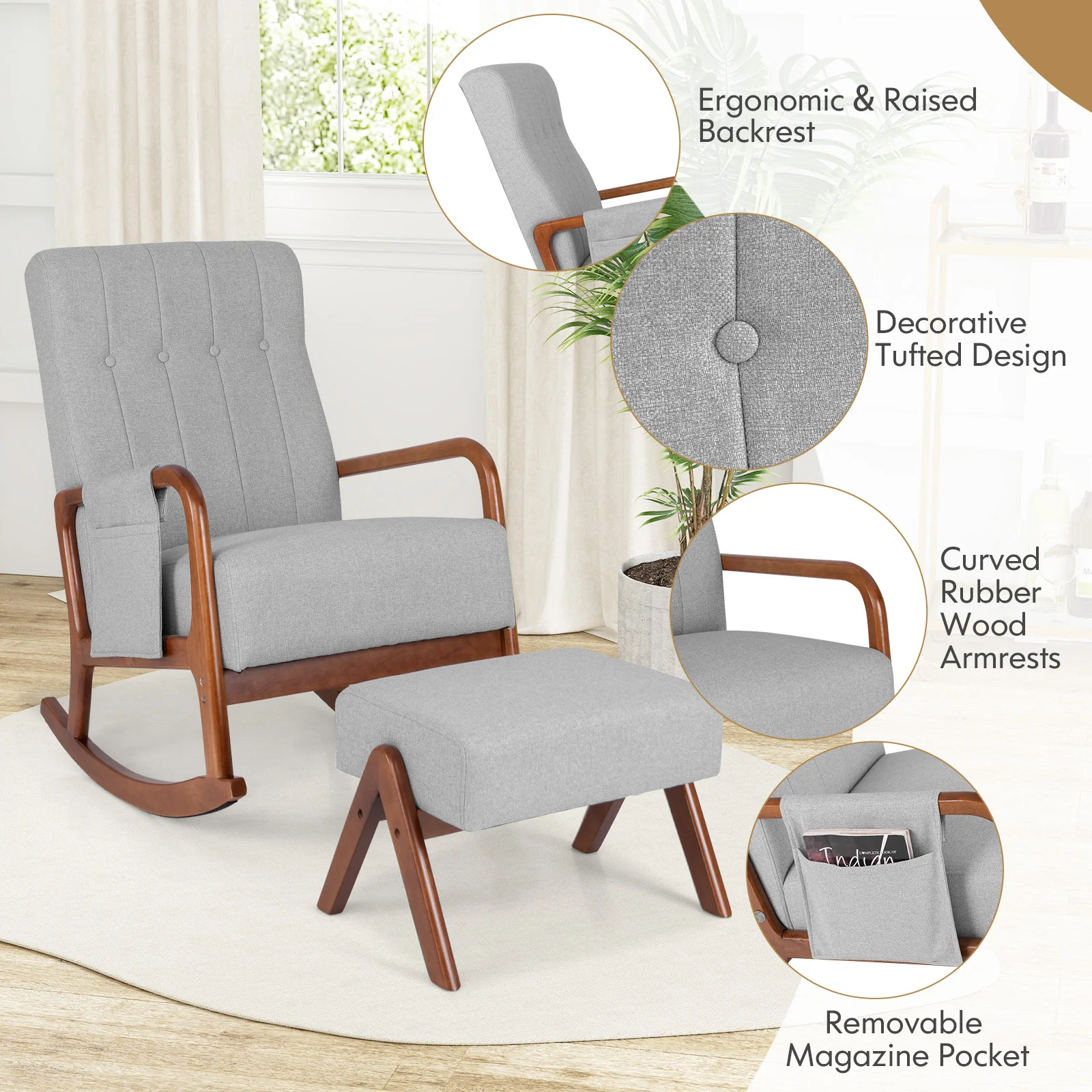Rocking Chair With Ottoman, Solid Rubber Wood Frame, Padded Cushion, Gray - Image 6
