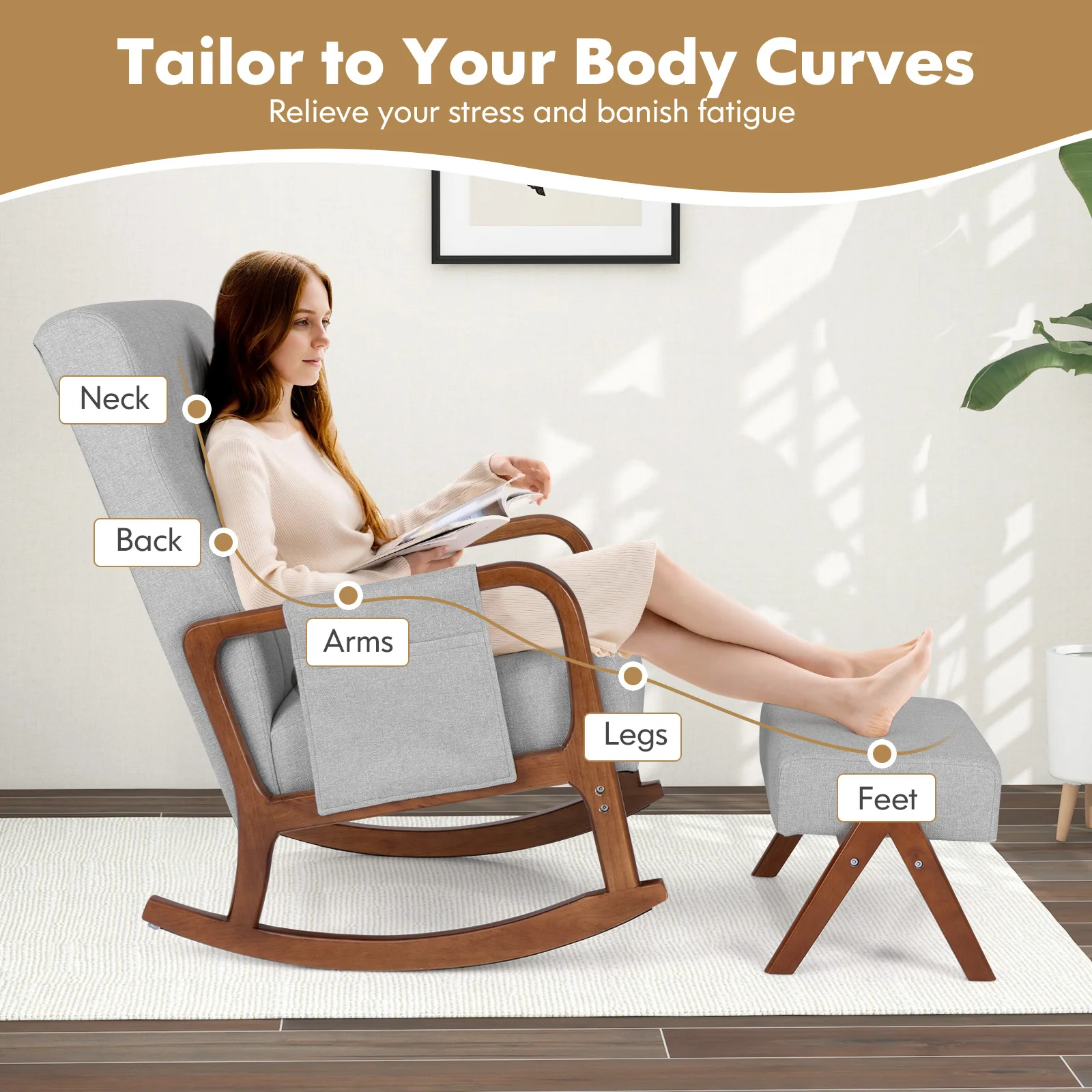 Rocking Chair With Ottoman, Solid Rubber Wood Frame, Padded Cushion, Gray - Image 8