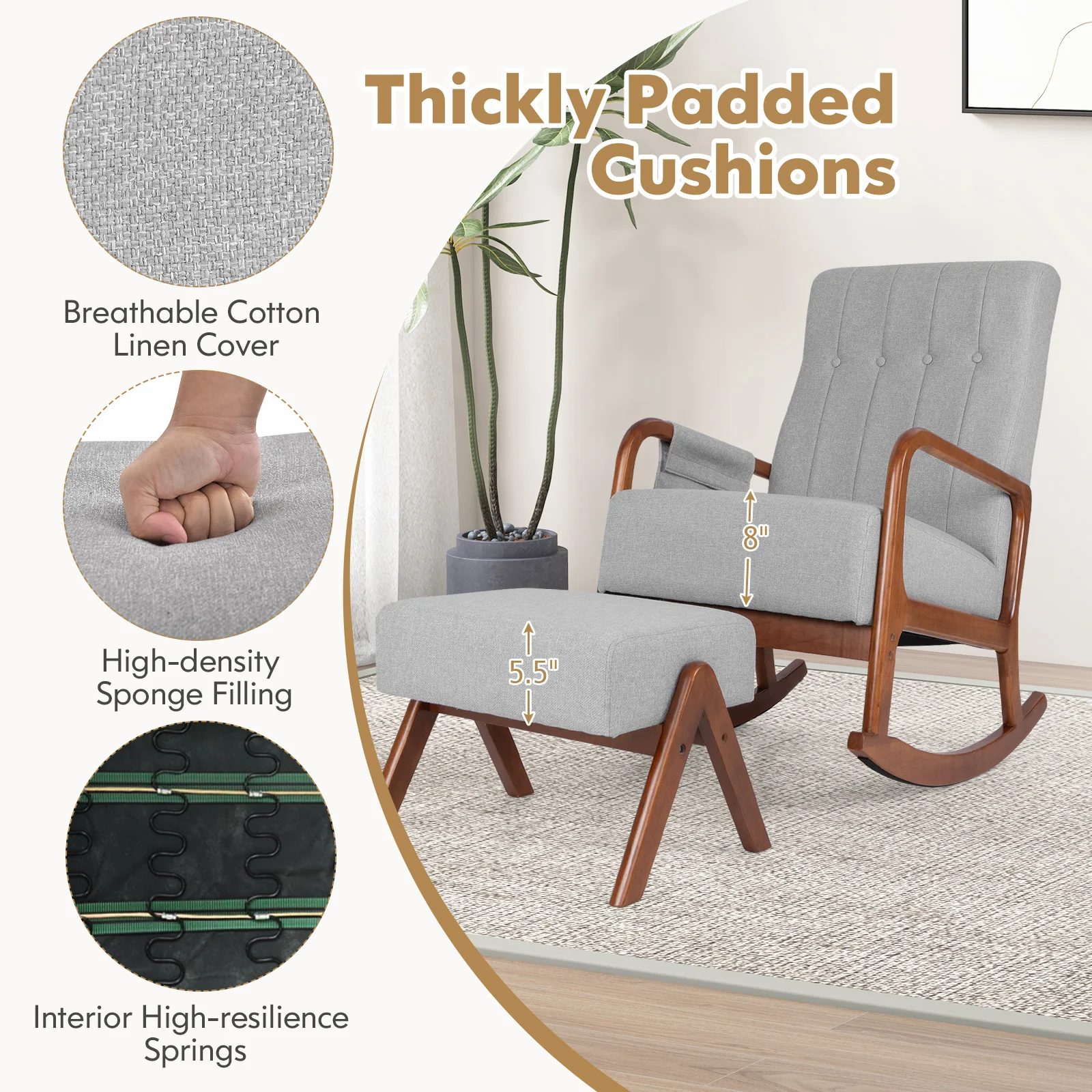 Rocking Chair With Ottoman, Solid Rubber Wood Frame, Padded Cushion, Gray - Image 9