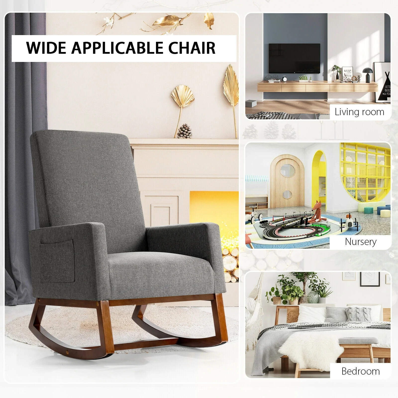 Rocking High Back Upholstered Lounge Armchair, Gray - Image 10