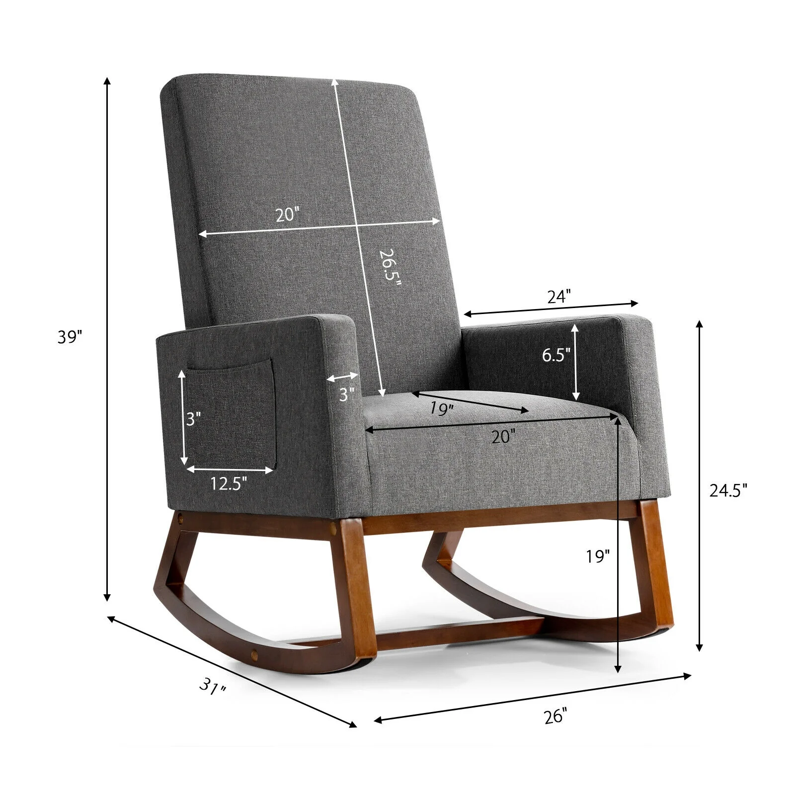 Rocking High Back Upholstered Lounge Armchair, Gray - Image 5