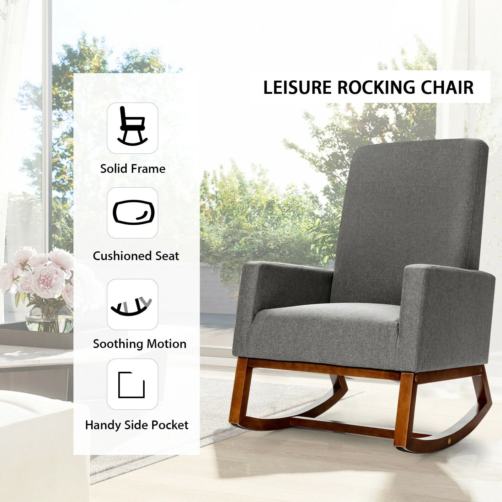 Rocking High Back Upholstered Lounge Armchair, Gray - Image 6